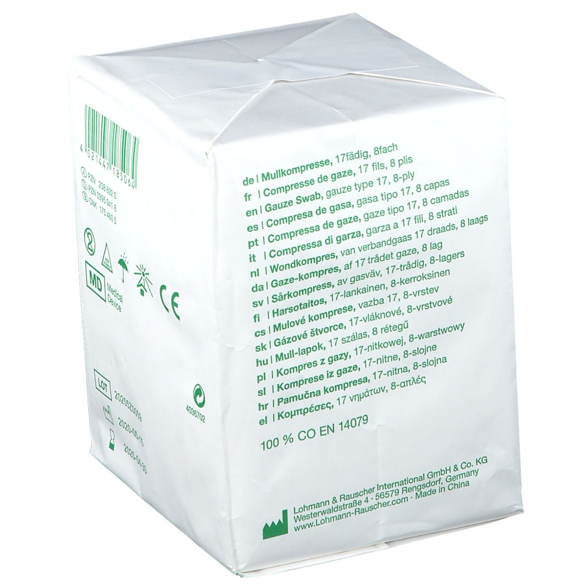Emballage de compresses Gazin 10 x 10 cm, 100 pièces. Inscriptions: Mullkompresse, Gaze Swab. Texte multilingue. Marquage CE.