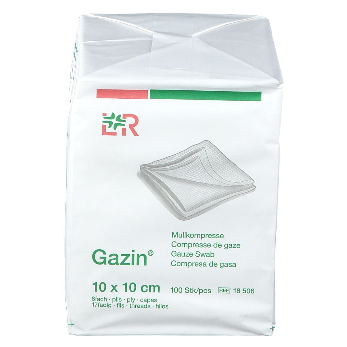 Emballage de compresses Gazin 10 x 10 cm, 100 pièces. Inscriptions: Mullkompresse, Gaze Swab, 8 plis, 17 fils.