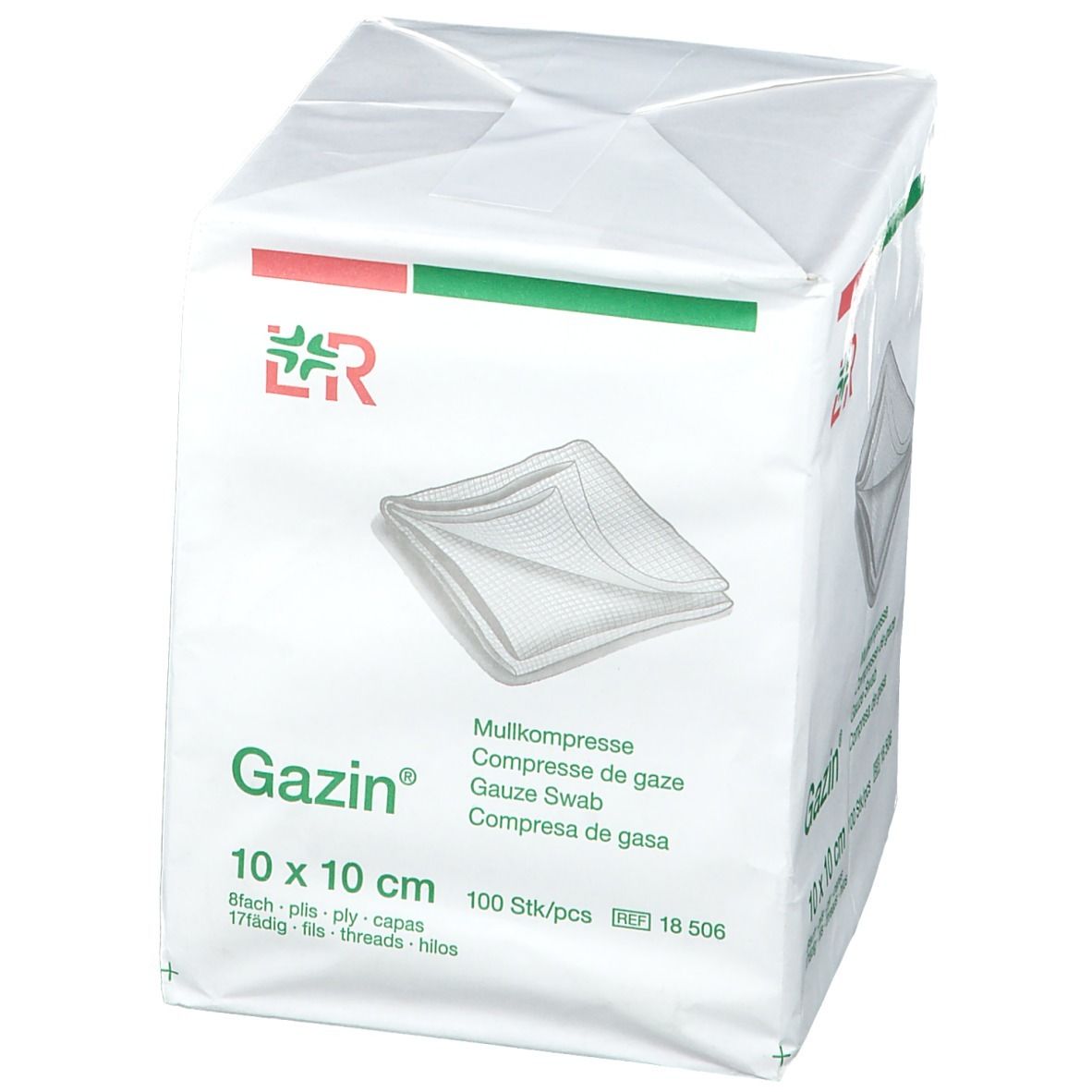 Emballage de compresses Gazin 10 x 10 cm, 100 pièces. Inscriptions: Mullkompresse, Gaze Swab, 8 plis, 17 fils. Avec une bande verte.