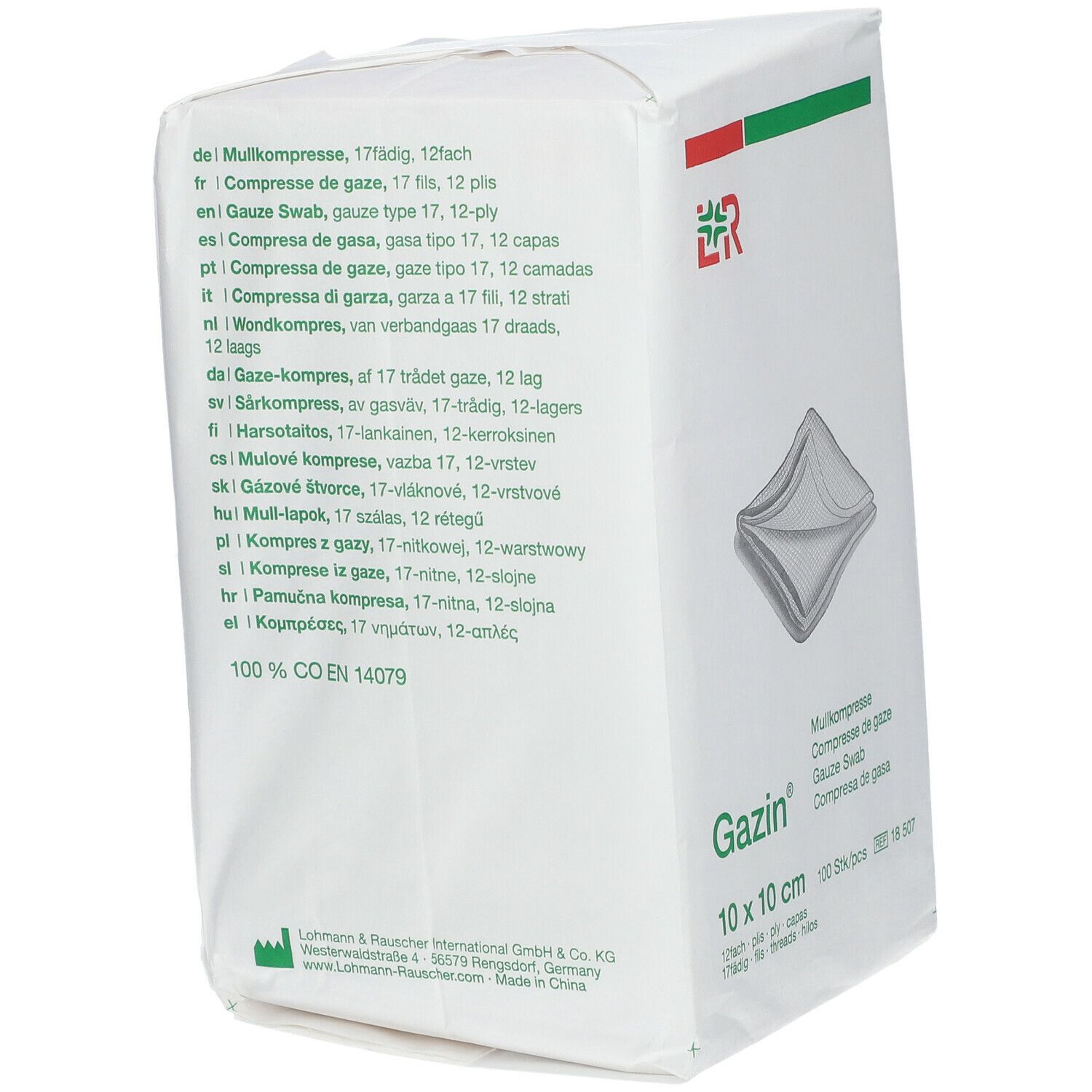 Emballage de compresses de gaze Gazin. Informations produit, taille et contenu en plusieurs langues.