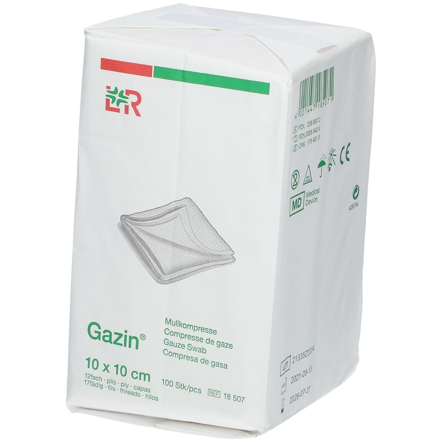 Emballage de compresses Gazin, vue en biais. Nom du produit, taille et quantité clairement visibles.