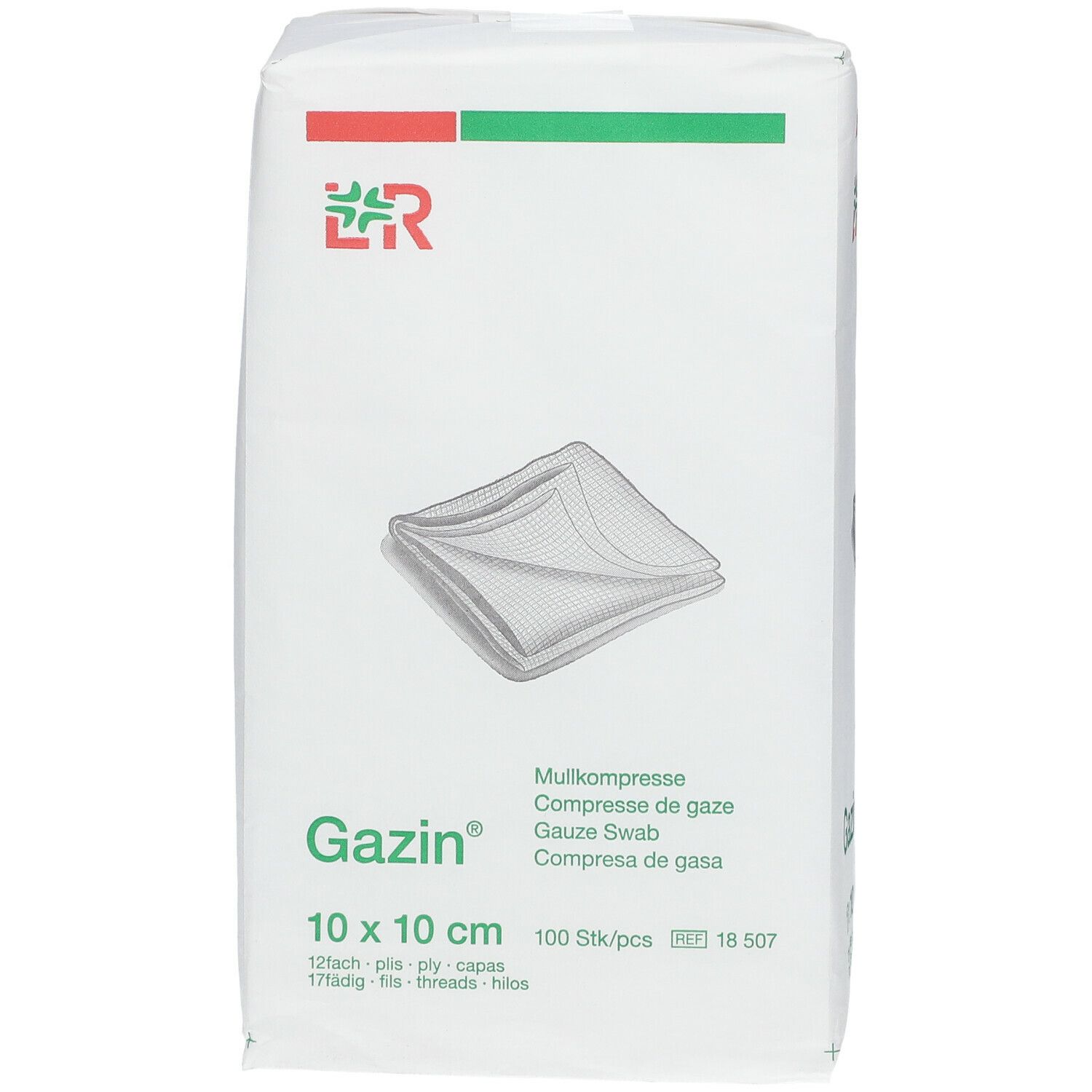 Emballage de compresses Gazin, vue de face. Nom du produit, taille et quantité. Design d'emballage blanc.