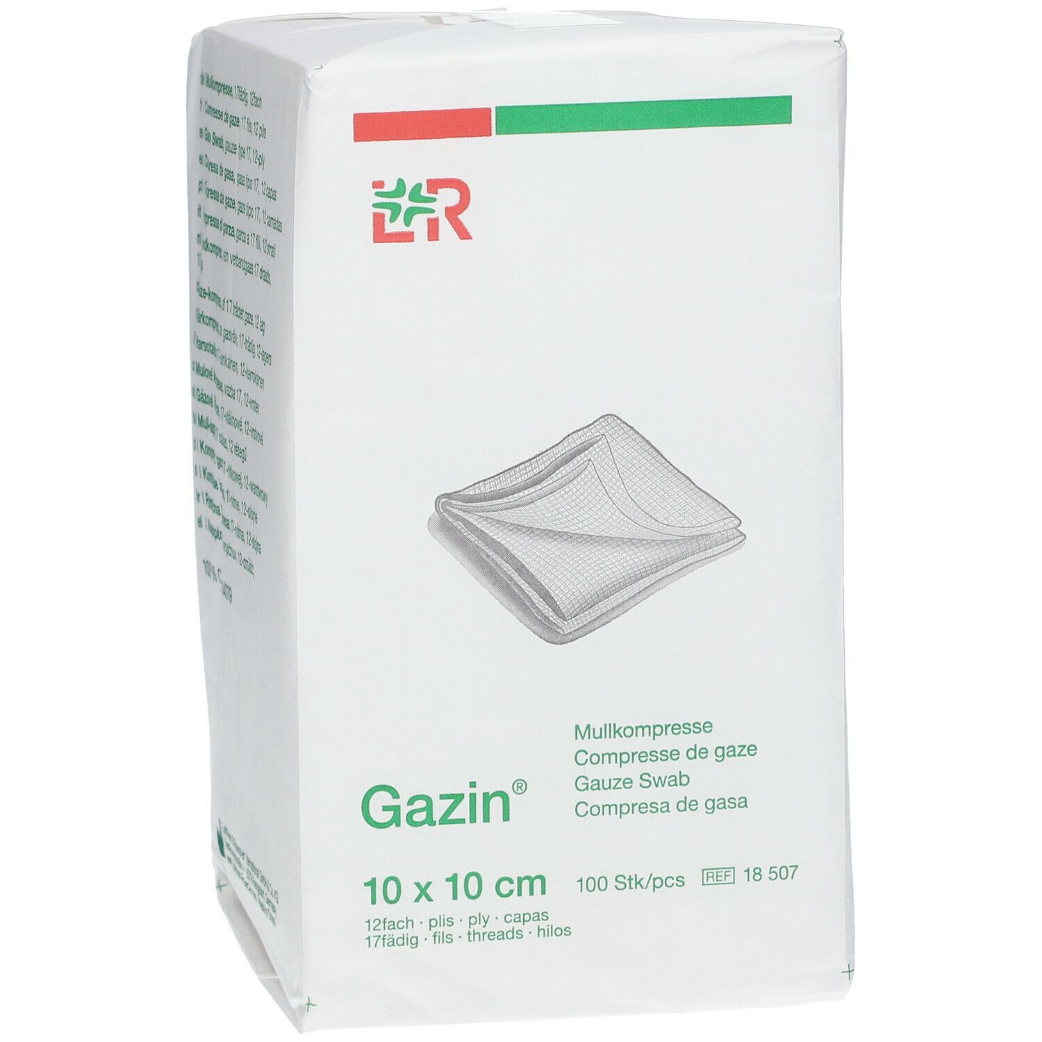 Emballage de compresses Gazin, vue de face. Logo, nom du produit, taille et quantité. Design blanc.