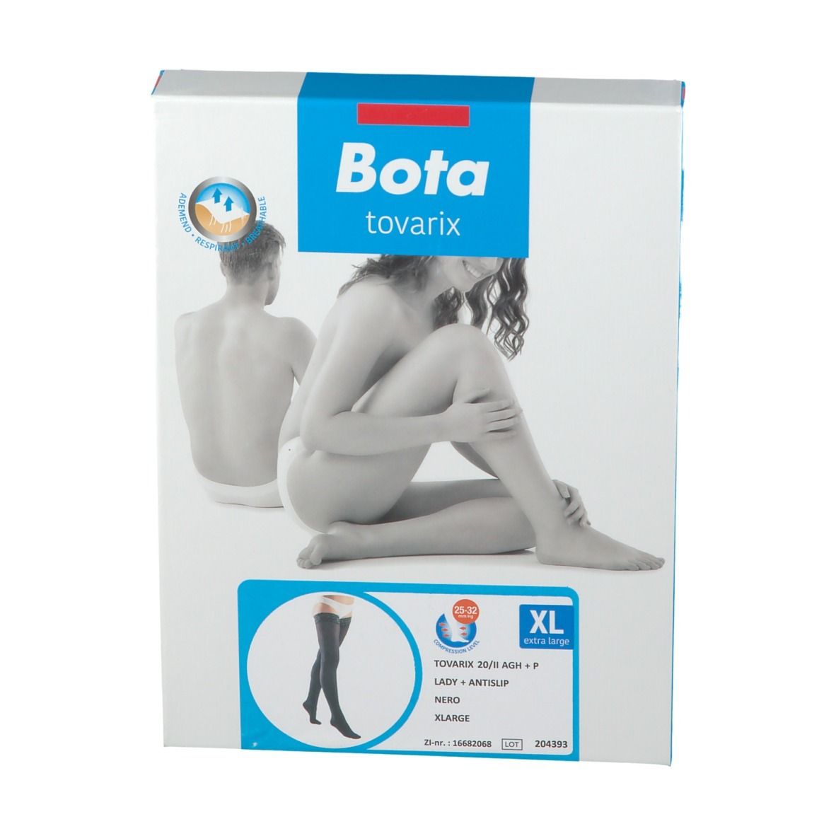 Emballage de bas de compression Bota tovarix. Inscription: XL, noir, Lady + Antislip. Illustration d'une femme.