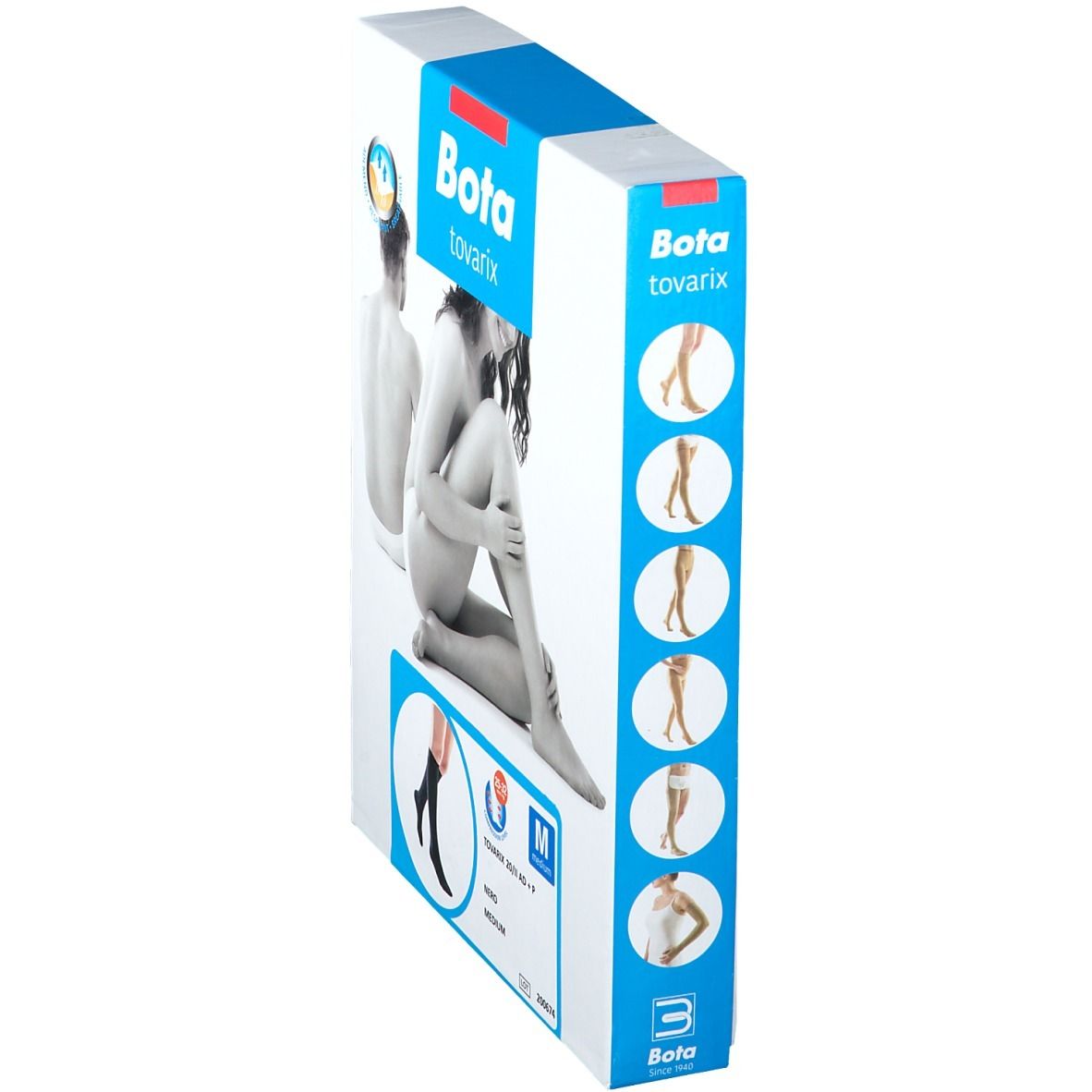 Zijaanzicht van de Bota Tovarix-verpakking. Afbeelding van vrouw en man. Illustraties van compressiekousen.