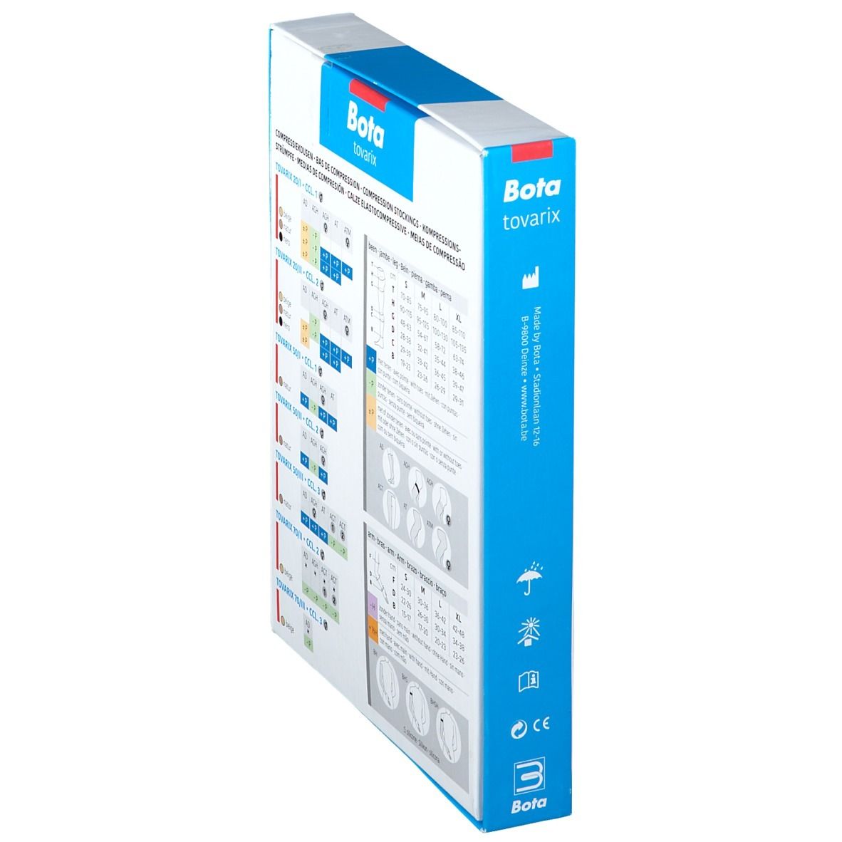Zijaanzicht van de Bota Tovarix-verpakking. Maattabellen voor compressiekousen. Productinformatie.