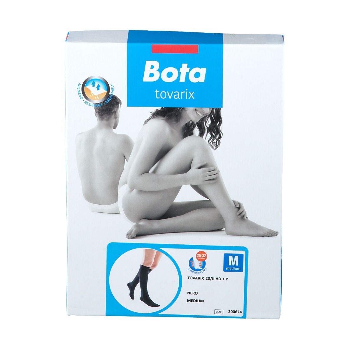 Verpakking van Bota Tovarix 20/II AD +P Nero Medium. Afbeelding van vrouw en man. Zwarte compressiekousen.