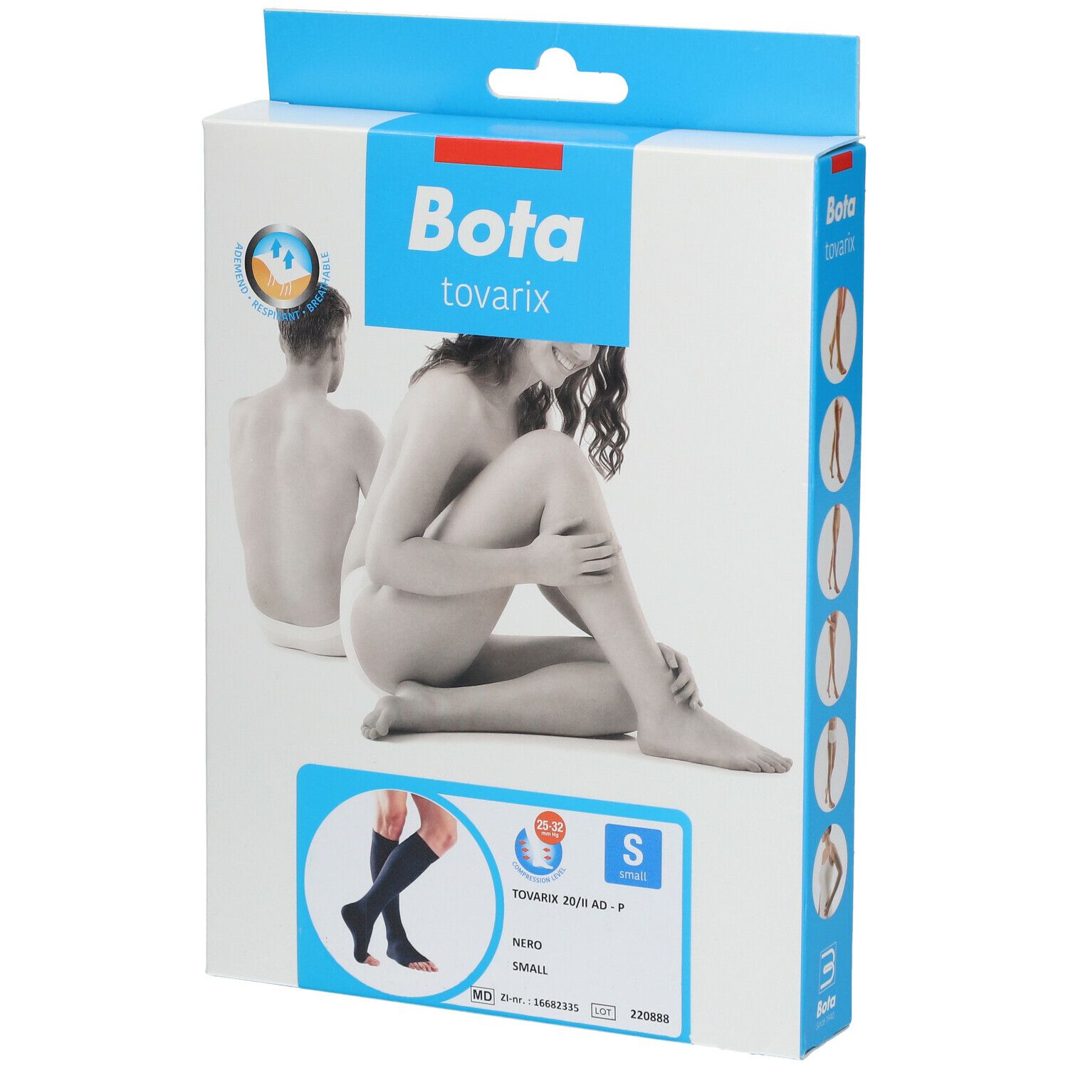 Boîte de Bota Tovarix 20/II AD-P Nero S. Image d'une femme et de bas de compression. Taille S.