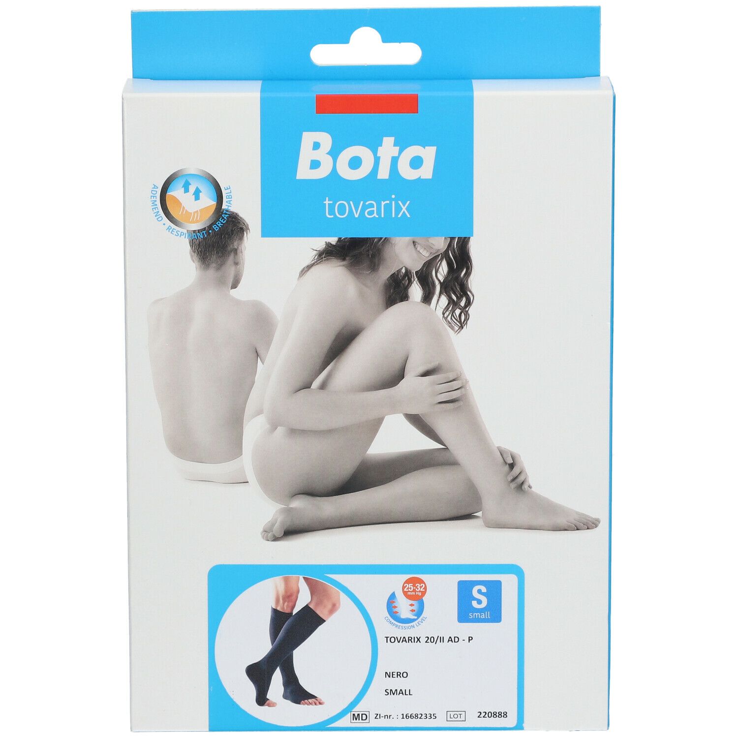 Boîte de Bota Tovarix 20/II AD-P Nero S. Image d'une femme et de bas de compression. Taille S.