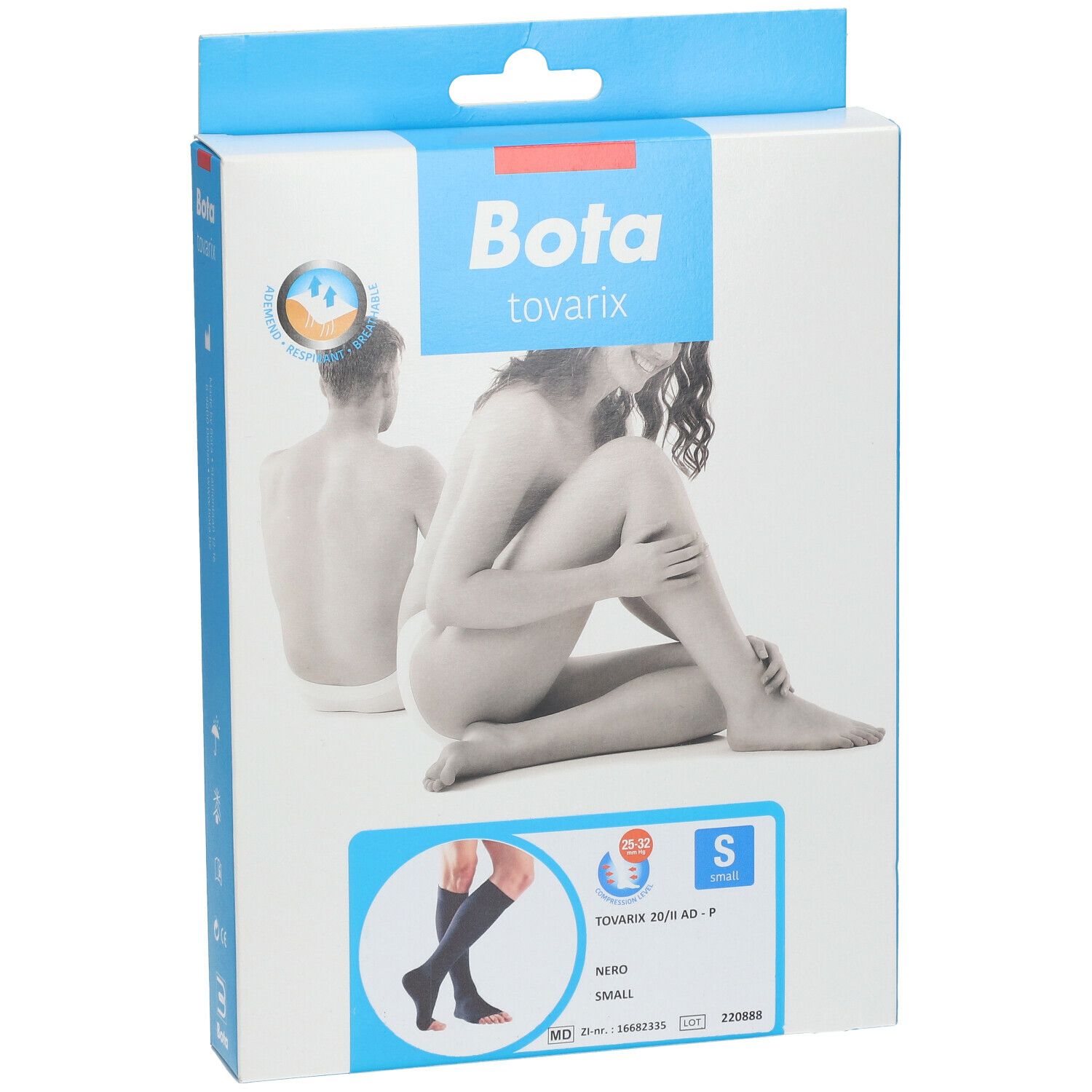 Boîte de Bota Tovarix 20/II AD-P Nero S. Image d'une femme et de bas de compression. Taille S.