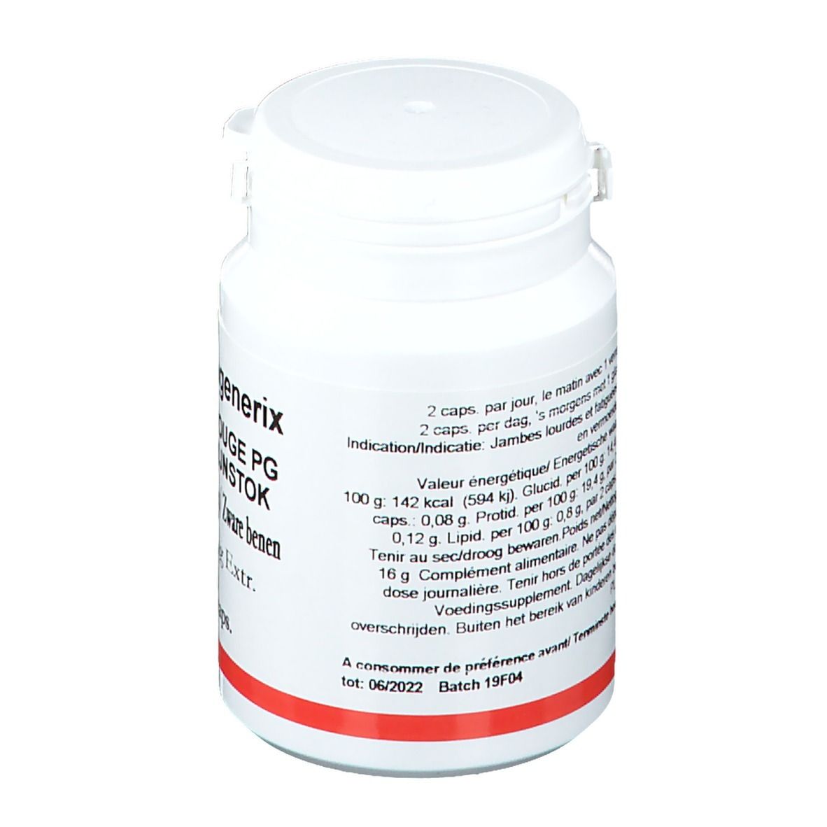 Flacon blanc avec texte rouge. Inscription: Pharmagenerix, Vigne Rouge PG, 50 gélules, 200 mg Extr.