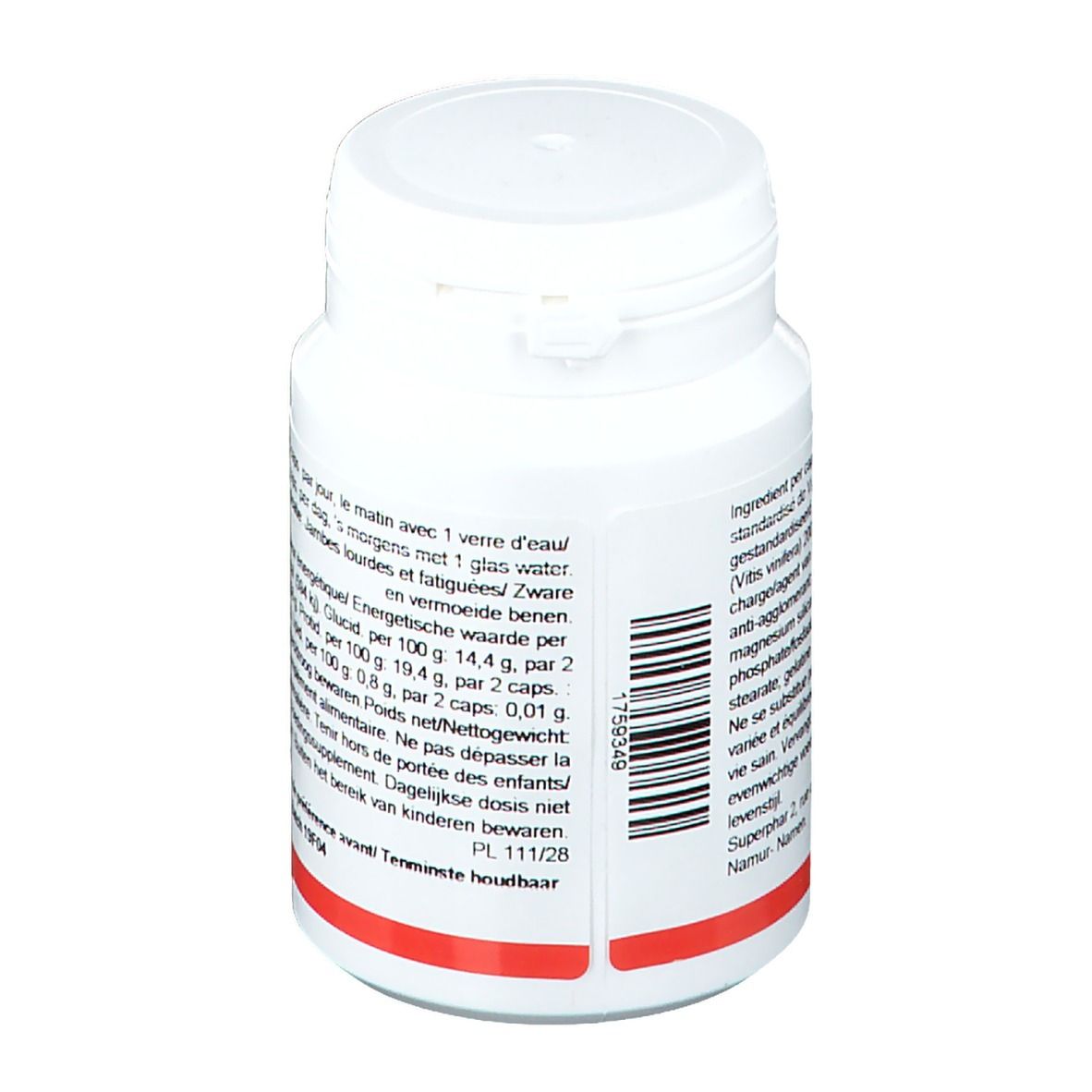 Flacon blanc avec texte rouge. Inscription: Pharmagenerix, Vigne Rouge PG, 50 gélules, 200 mg Extr.