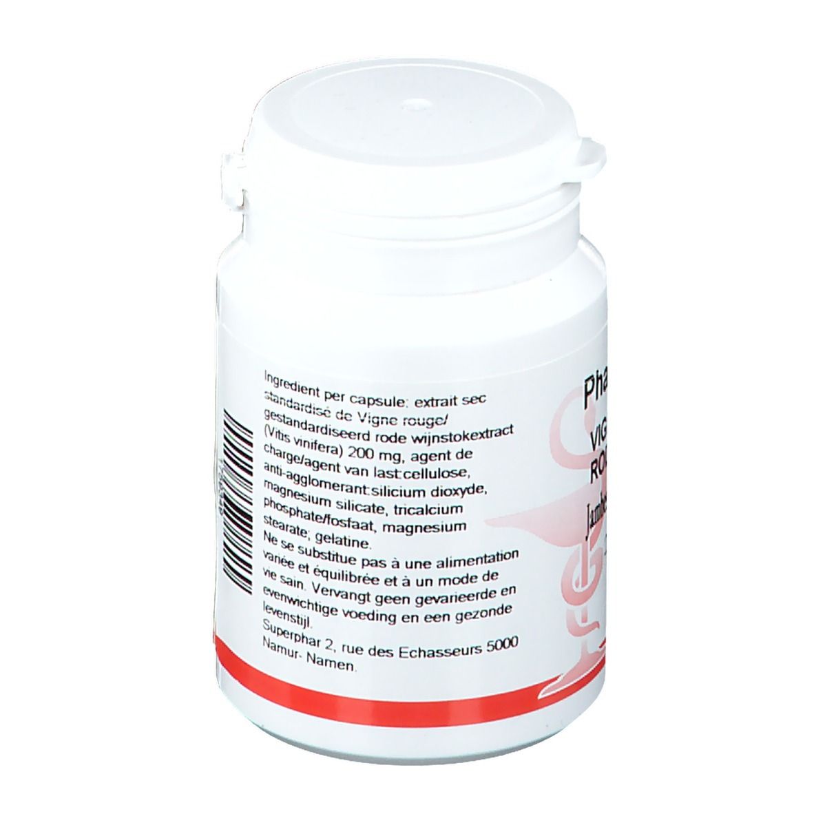 Flacon blanc avec texte rouge. Inscription: Pharmagenerix, Vigne Rouge PG, 50 gélules, 200 mg Extr.