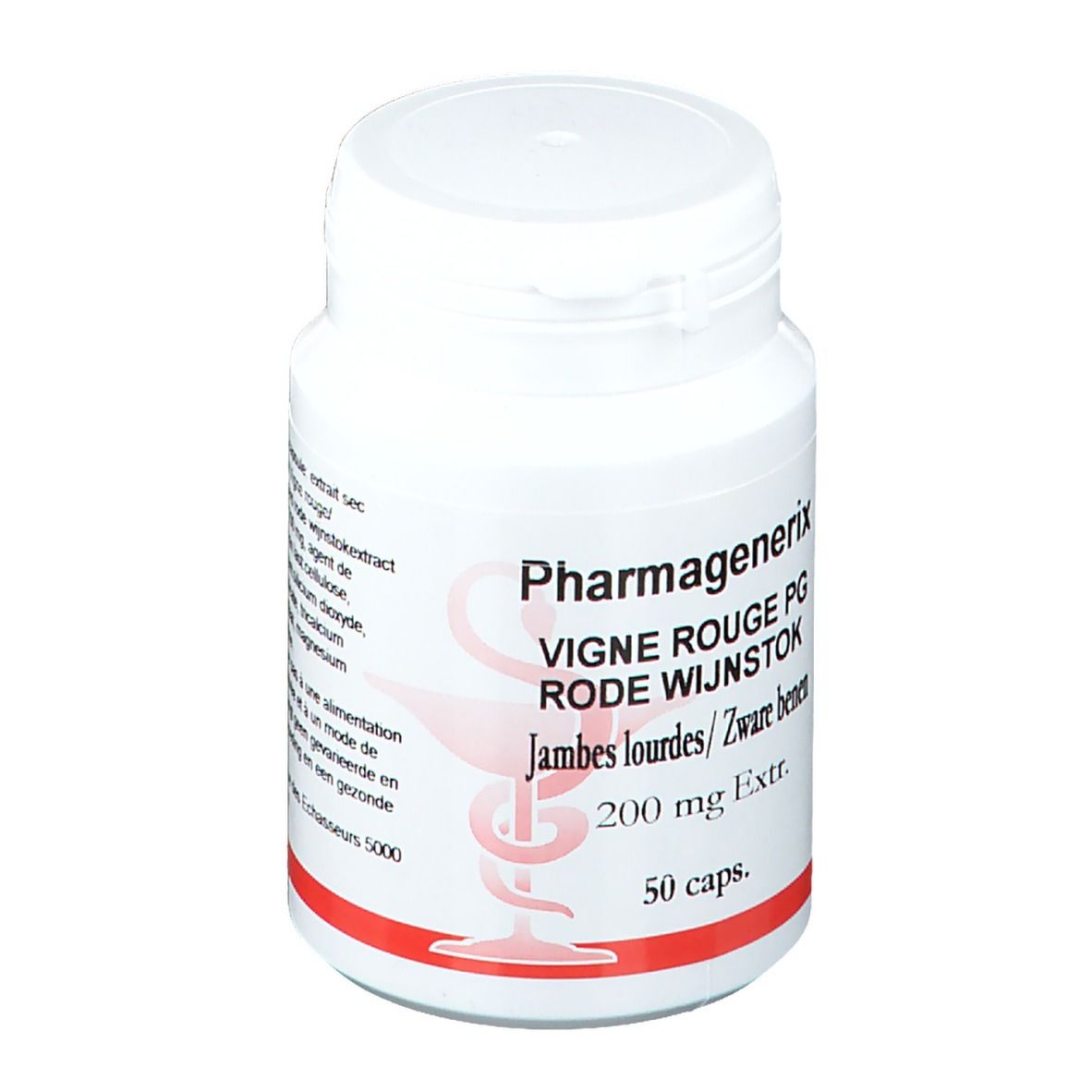 Flacon blanc avec texte rouge. Inscription: Pharmagenerix, Vigne Rouge PG, 50 gélules, 200 mg Extr.