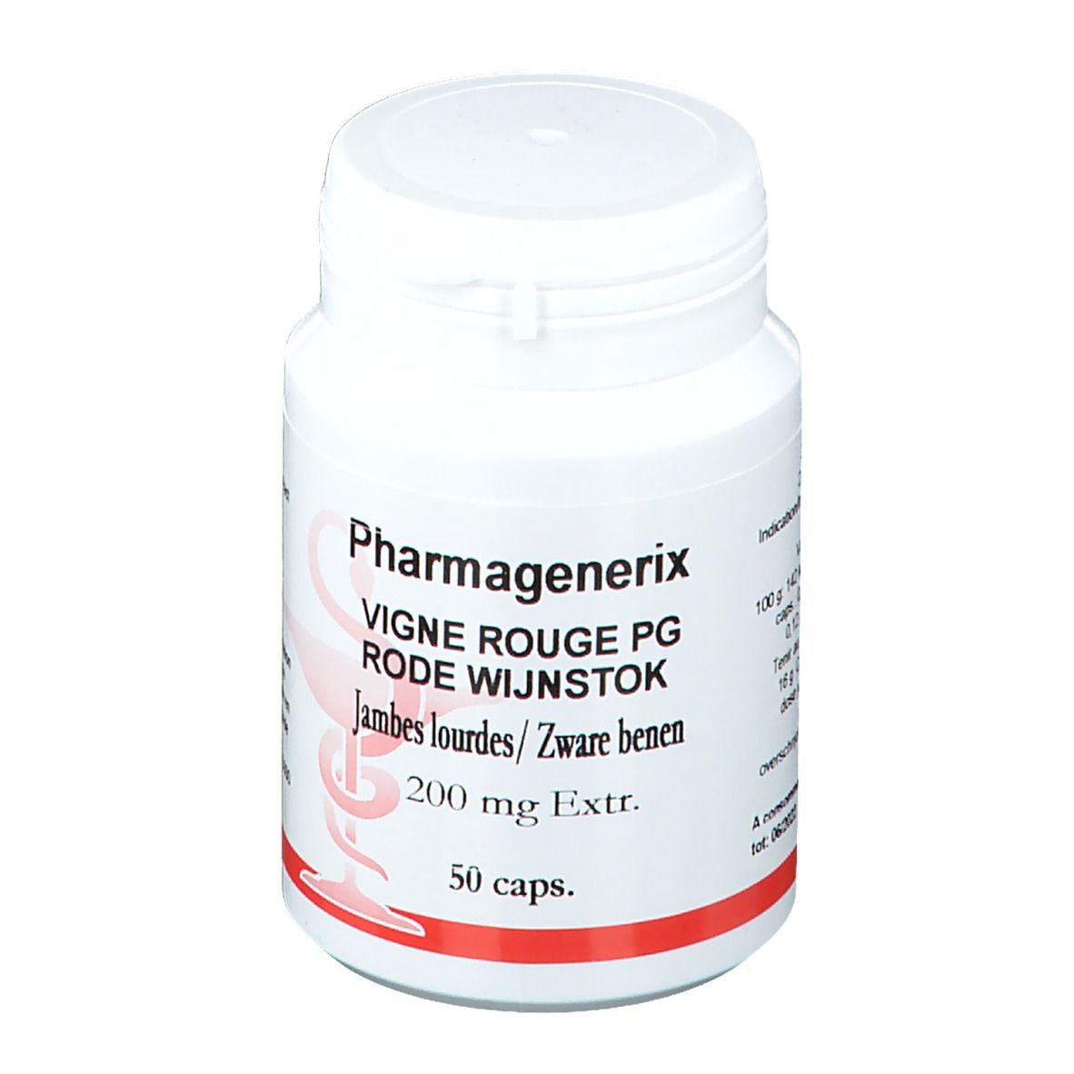 Flacon blanc avec texte rouge. Inscription: Pharmagenerix, Vigne Rouge PG, 50 gélules, 200 mg Extr.