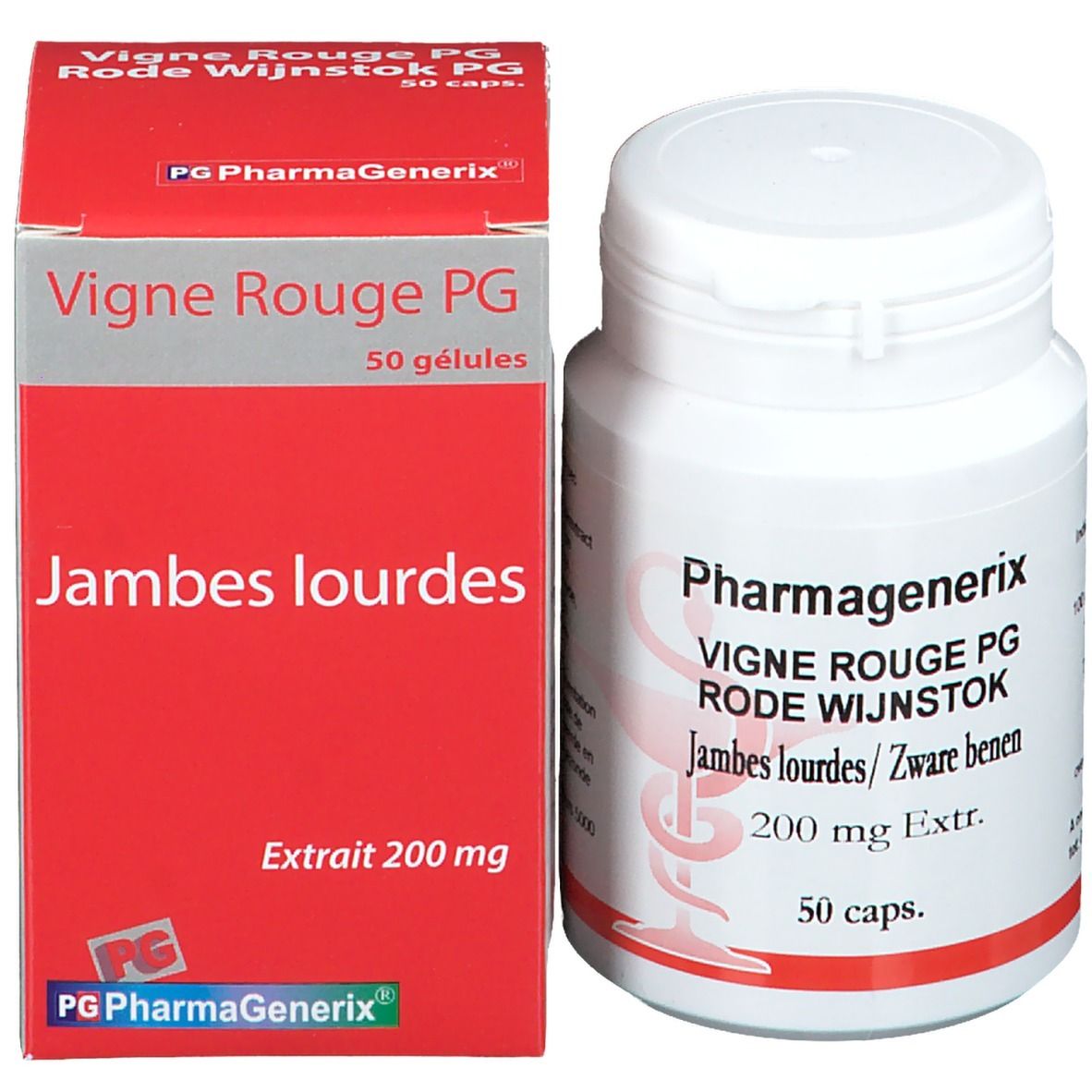 Emballage et flacon. Emballage rouge avec texte blanc. Flacon: Pharmagenerix, Vigne Rouge PG, 50 gélules.