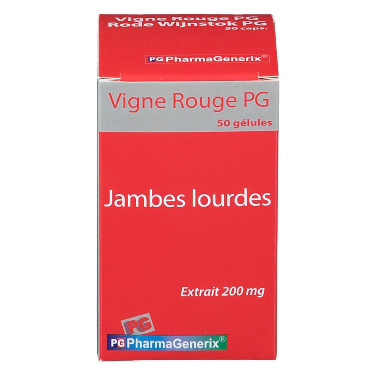 Emballage rouge avec texte blanc. Inscription: Vigne Rouge PG, 50 gélules, Extrait 200 mg.