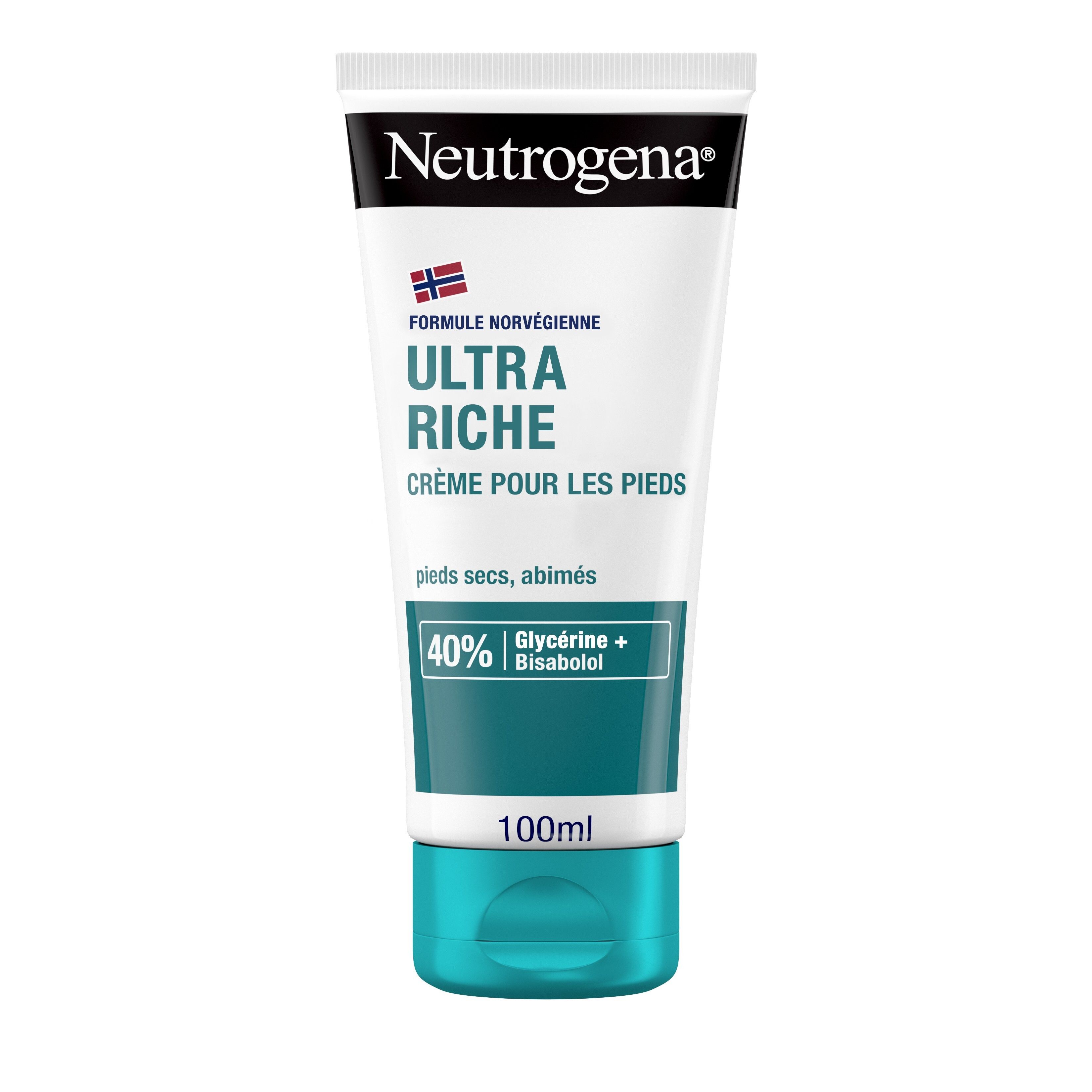 Tube blanc Neutrogena. Texte: Ultra Riche Crème pour les pieds. Contient 40% Glycérine + Bisabolol. 100ml.
