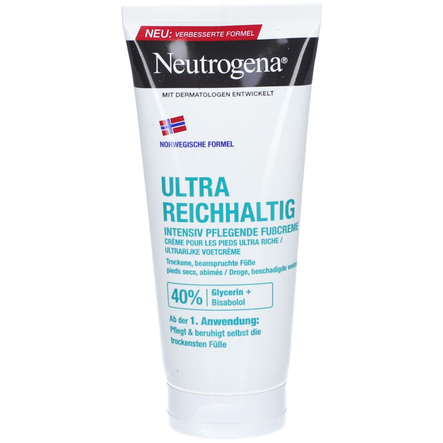 Tube blanche Neutrogena. Texte: Ultra Reichhaltig Fußcreme. Contient 40% Glycérine + Bisabolol. Crème pour les pieds.