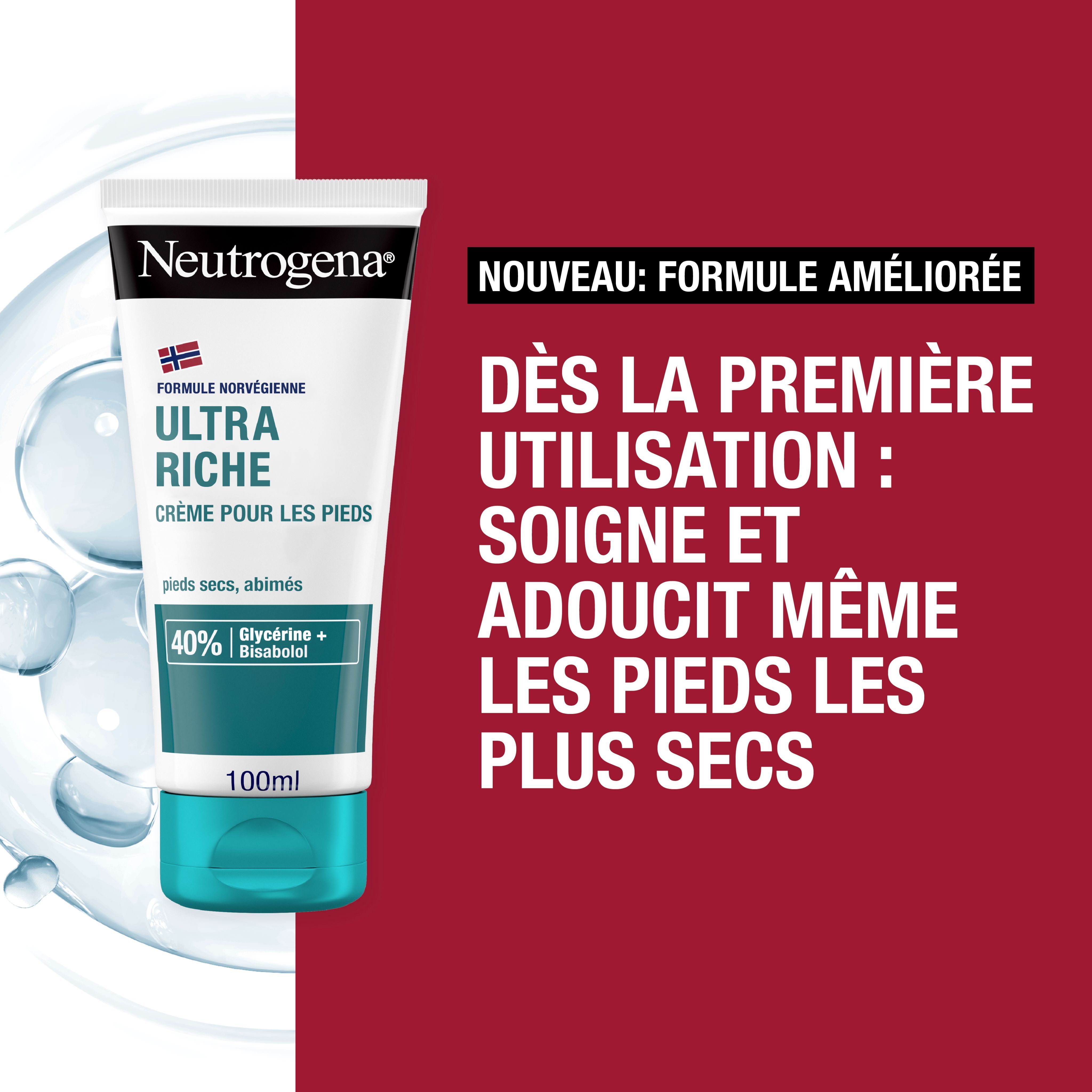 Produit sur fond rouge. Texte: Nouveau: Formule améliorée. Soigne et adoucit les pieds secs. 100ml.