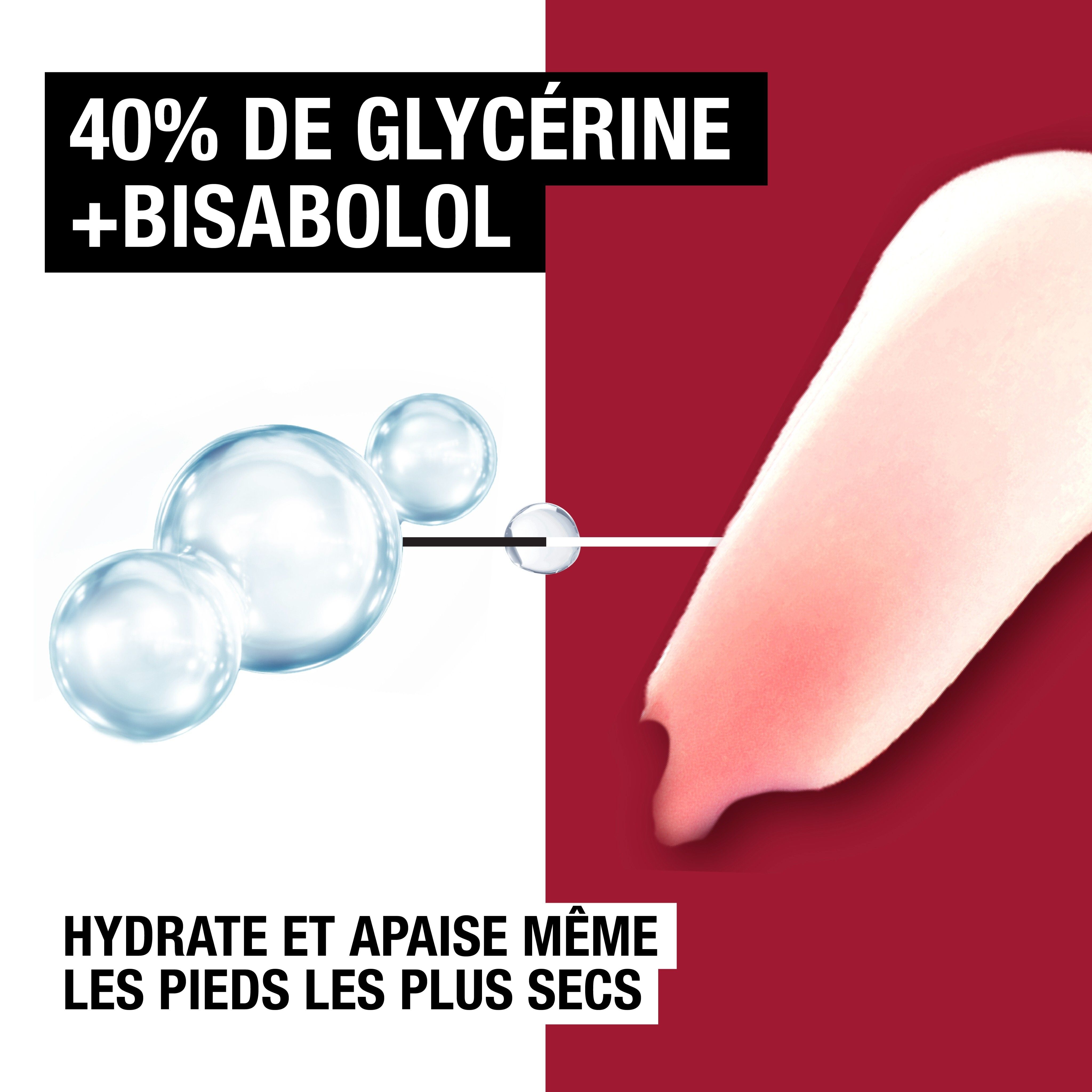 Graphique avec Glycérine + Bisabolol. Texte: Hydrate et apaise même les pieds les plus secs.