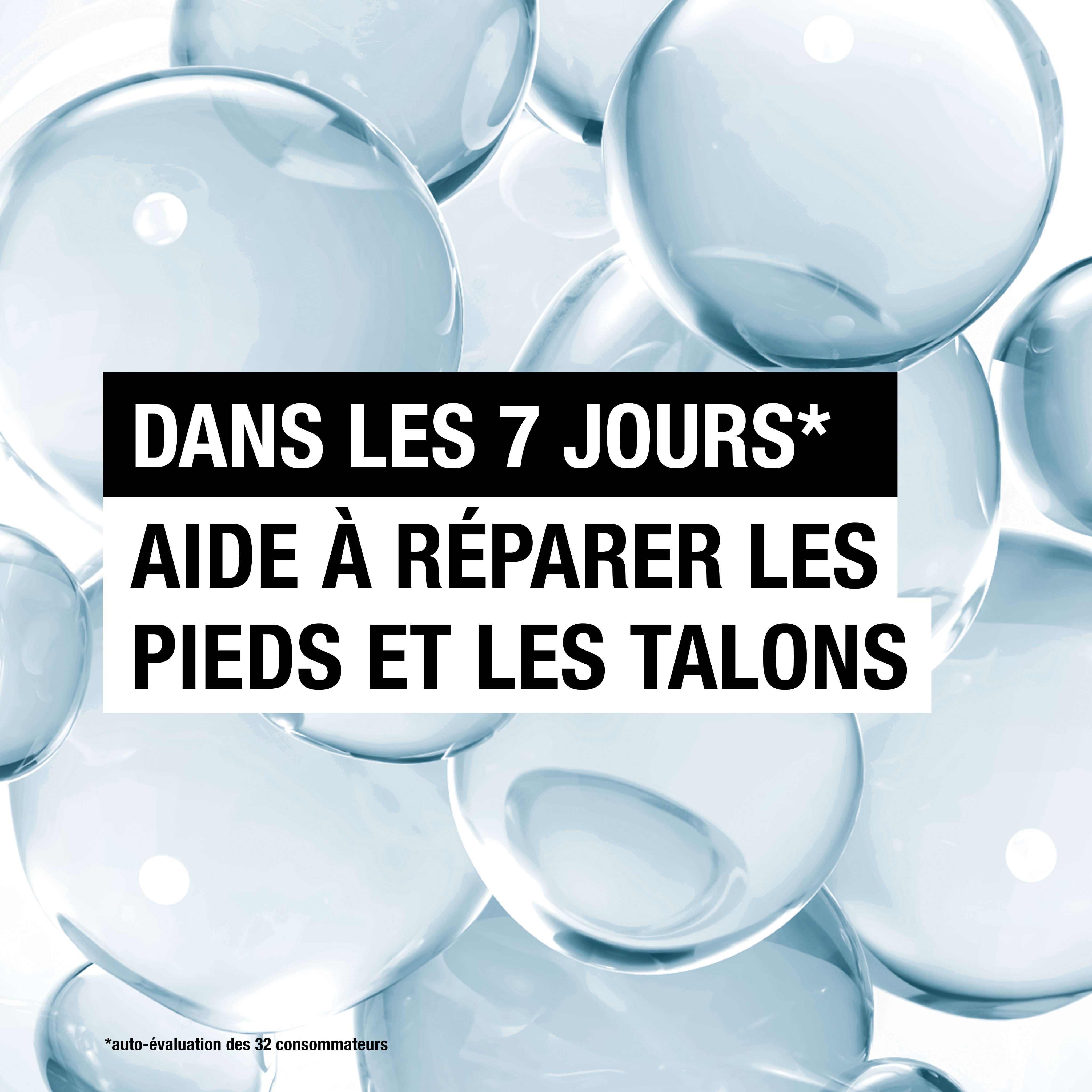 Graphique avec bulles d'eau. Texte: Dans les 7 jours* aide à réparer les pieds et les talons.