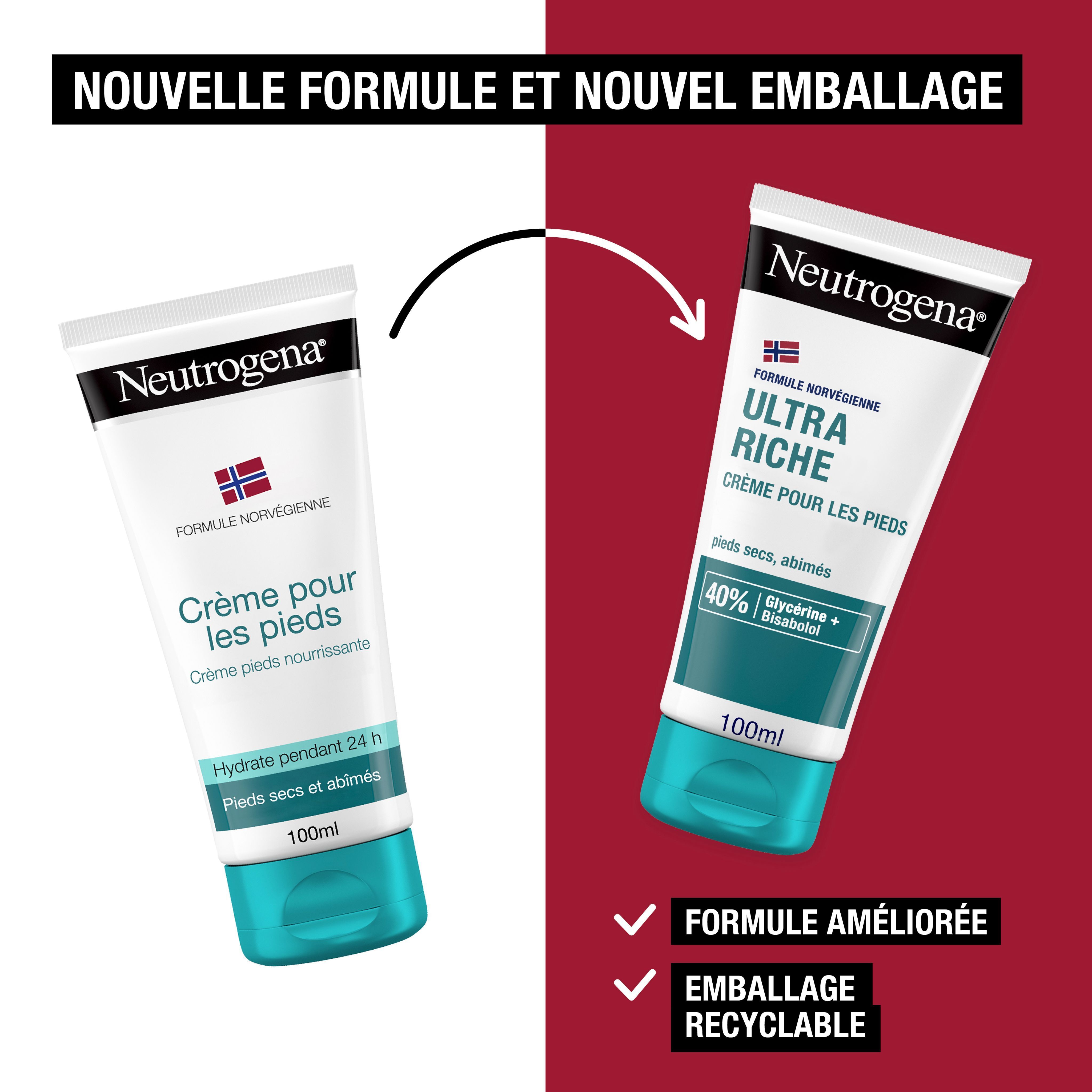 Comparaison de deux tubes. Texte: Nouvelle formule et nouvel emballage. Formule améliorée. Emballage recyclable.