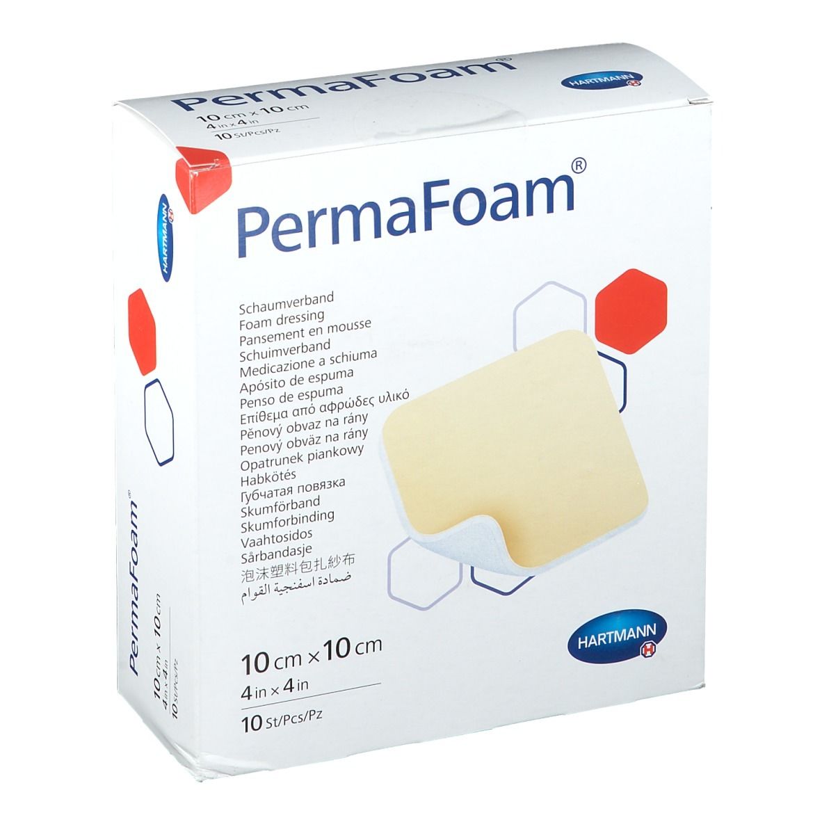 Boîte de pansements en mousse PermaFoam®, 10 cm x 10 cm. Contient 10 pièces. Nom du produit et logo Hartmann visibles. Pansement en mousse beige.