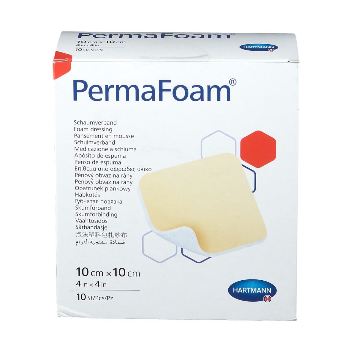 Boîte de pansements en mousse PermaFoam®, 10 cm x 10 cm. Contient 10 pièces. Nom du produit et logo Hartmann visibles. Pansement en mousse beige.