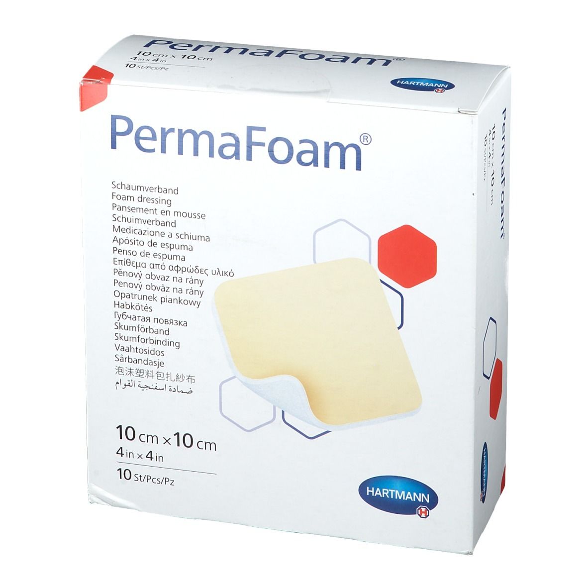 Boîte de pansements en mousse PermaFoam®, 10 cm x 10 cm. Contient 10 pièces. Nom du produit et logo Hartmann visibles. Pansement en mousse beige.