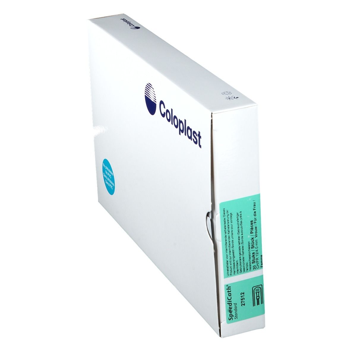 Boîte blanche Coloplast. Autocollant vert avec informations produit. SpeediCath Standard.