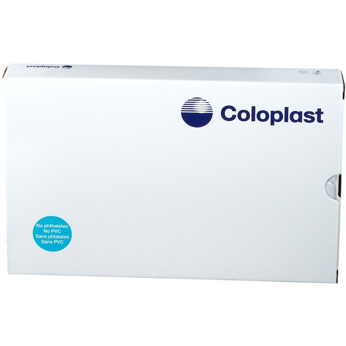 Boîte blanche Coloplast. Logo et texte bleus. Autocollant : Sans phtalates, sans PVC.
