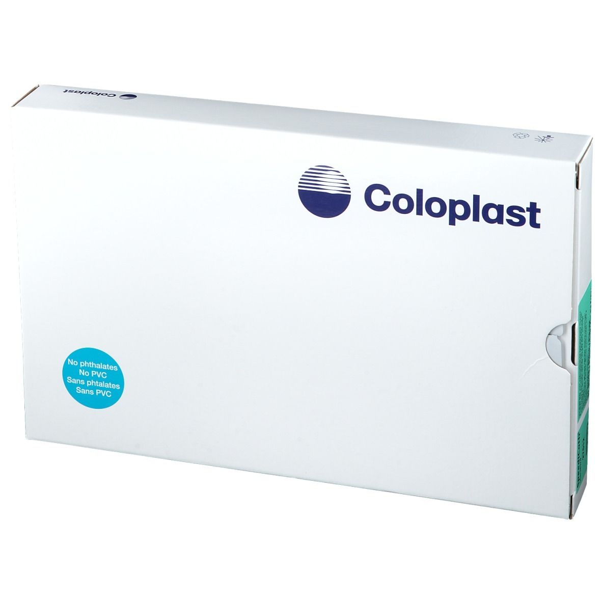 Boîte blanche Coloplast. Logo et texte bleus. Autocollant : Sans phtalates, sans PVC.
