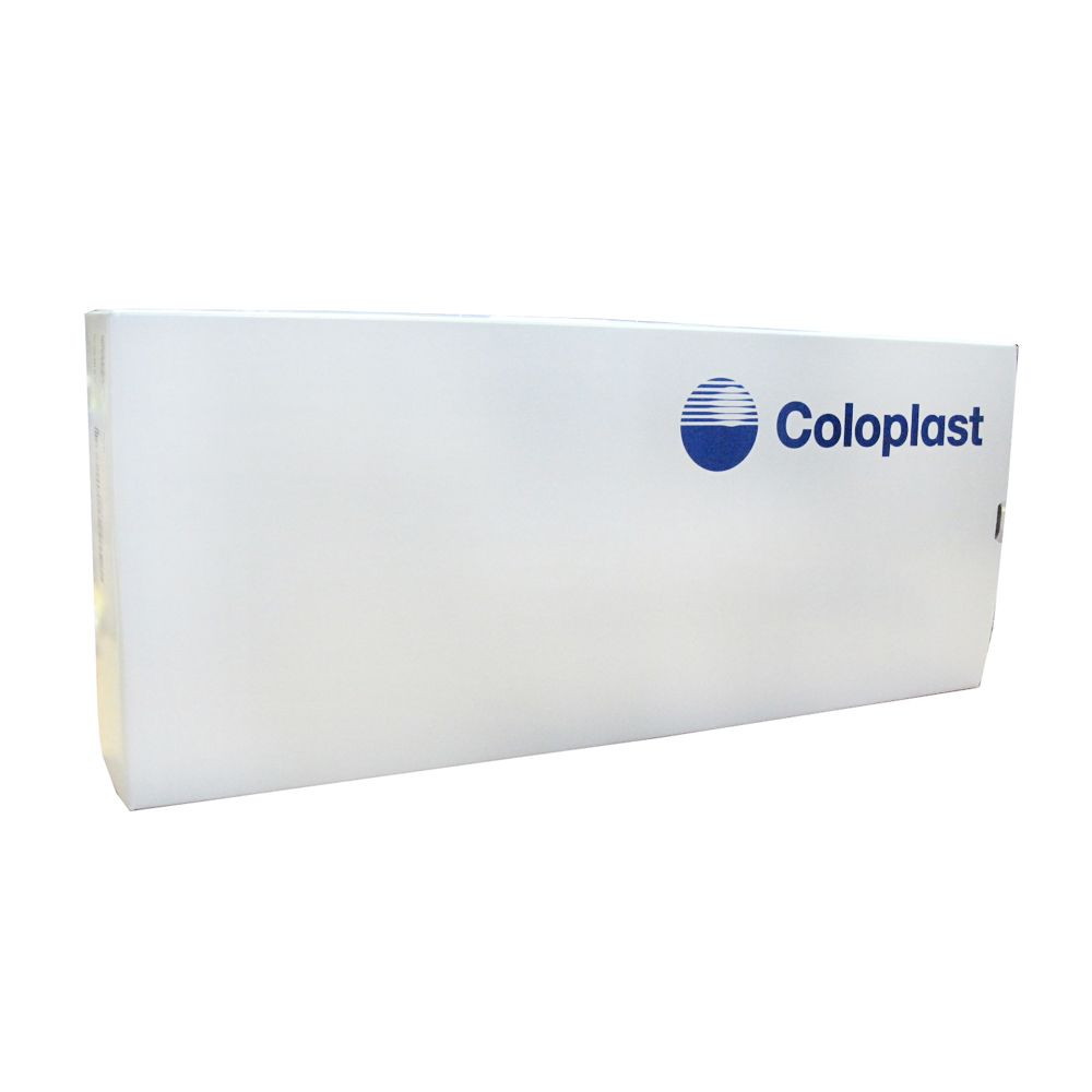 Emballage produit blanc avec logo bleu Coloplast. Forme rectangulaire, légèrement en biais.