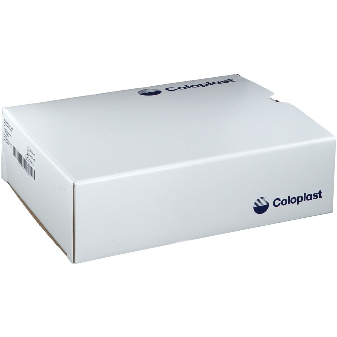 Emballage en carton blanc avec logo Coloplast. Code-barres sur le côté.