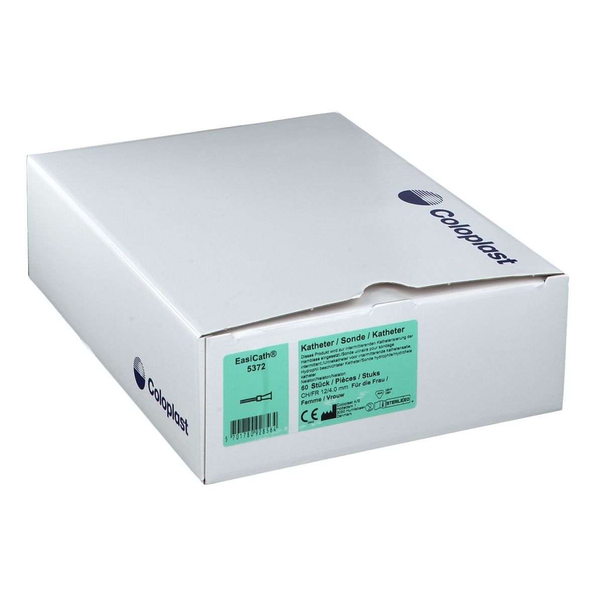 Emballage en carton blanc avec logo Coloplast et informations produit. Contient des cathéters.