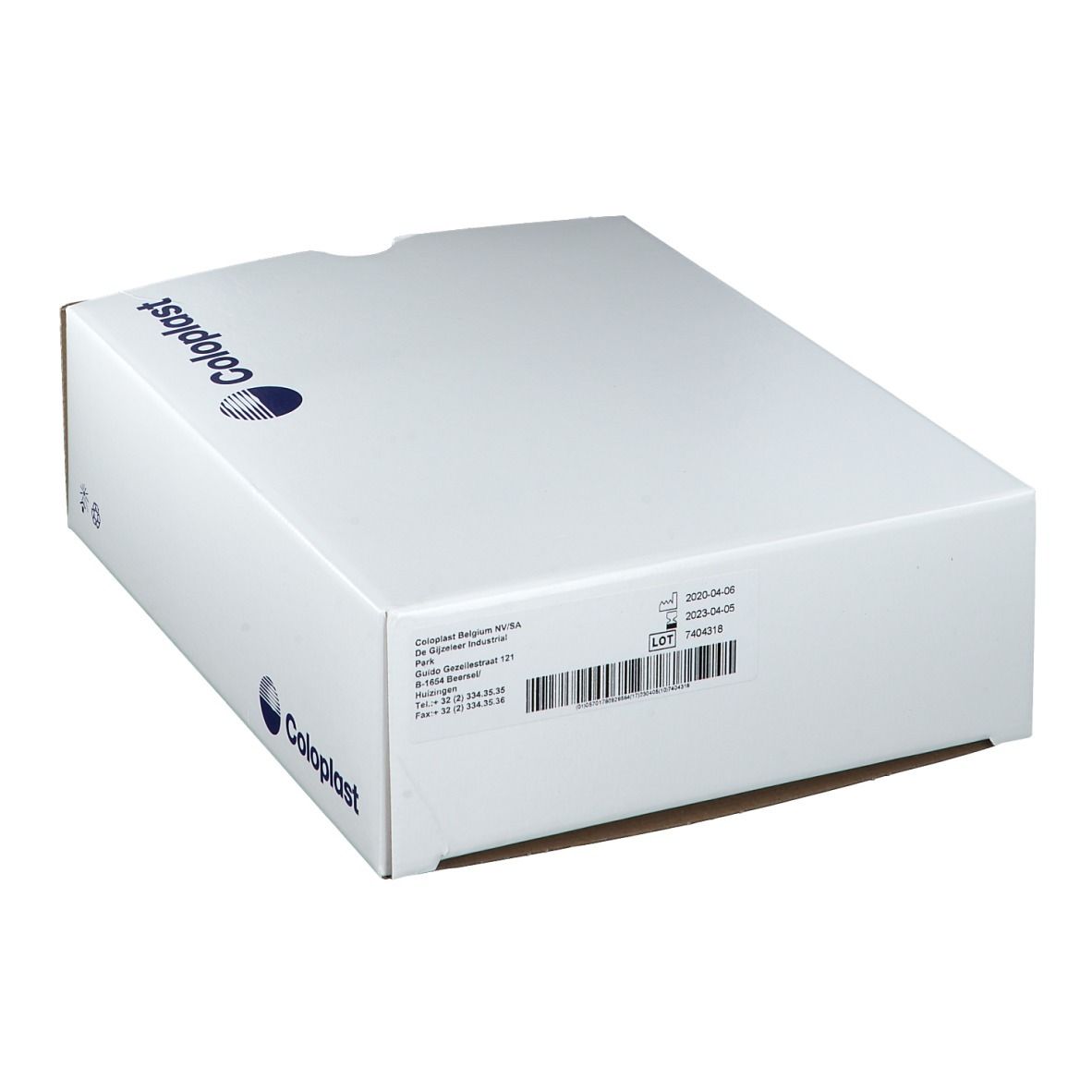 Emballage en carton blanc avec logo Coloplast et informations d'adresse. Contient des cathéters.