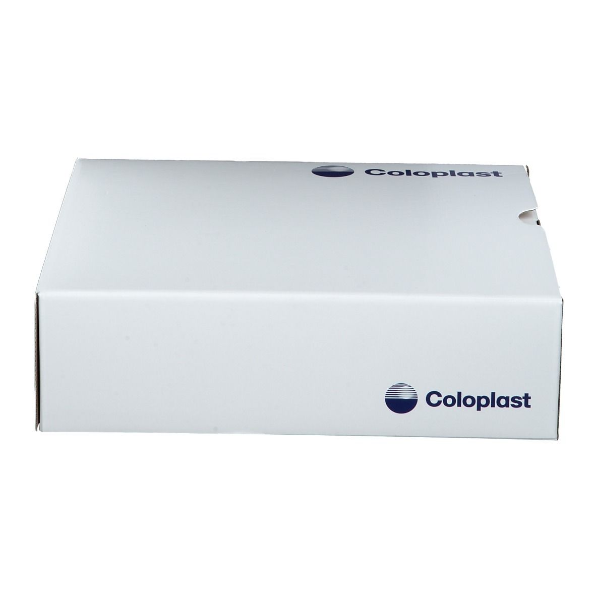 Emballage en carton blanc avec logo Coloplast. Code-barres sur le côté.