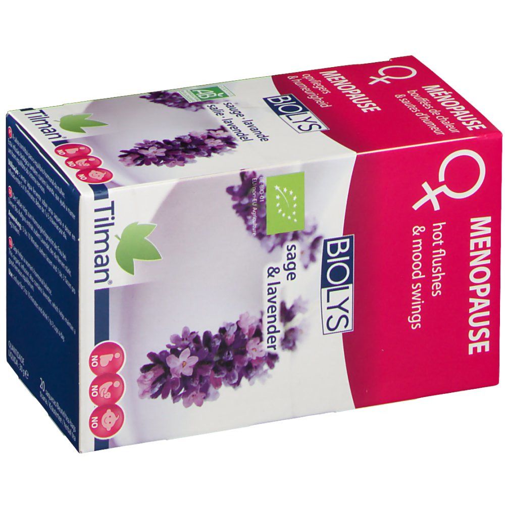 Karton Biolys Sauge & Lavande, Menopause. Mit Logo, floralem Motiv und Text. Bio-Siegel.