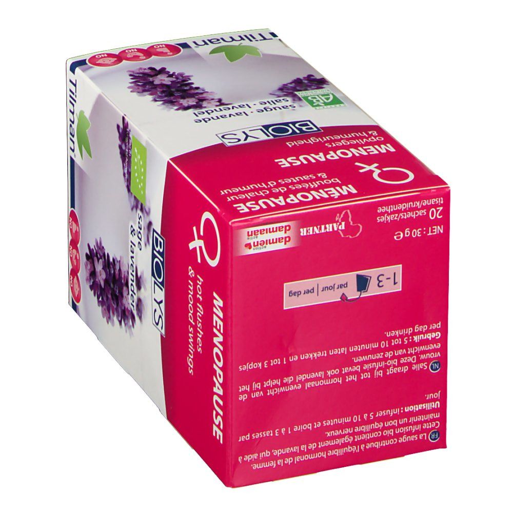 Karton Biolys Sauge & Lavande, Menopause. Text, Logo, floralem Motiv. 20 Beutel. Bio-Siegel.