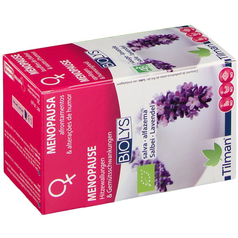 Karton Biolys Sauge & Lavande, Menopause. Text, Logo, floralem Motiv. Bio-Siegel. 20 Beutel.