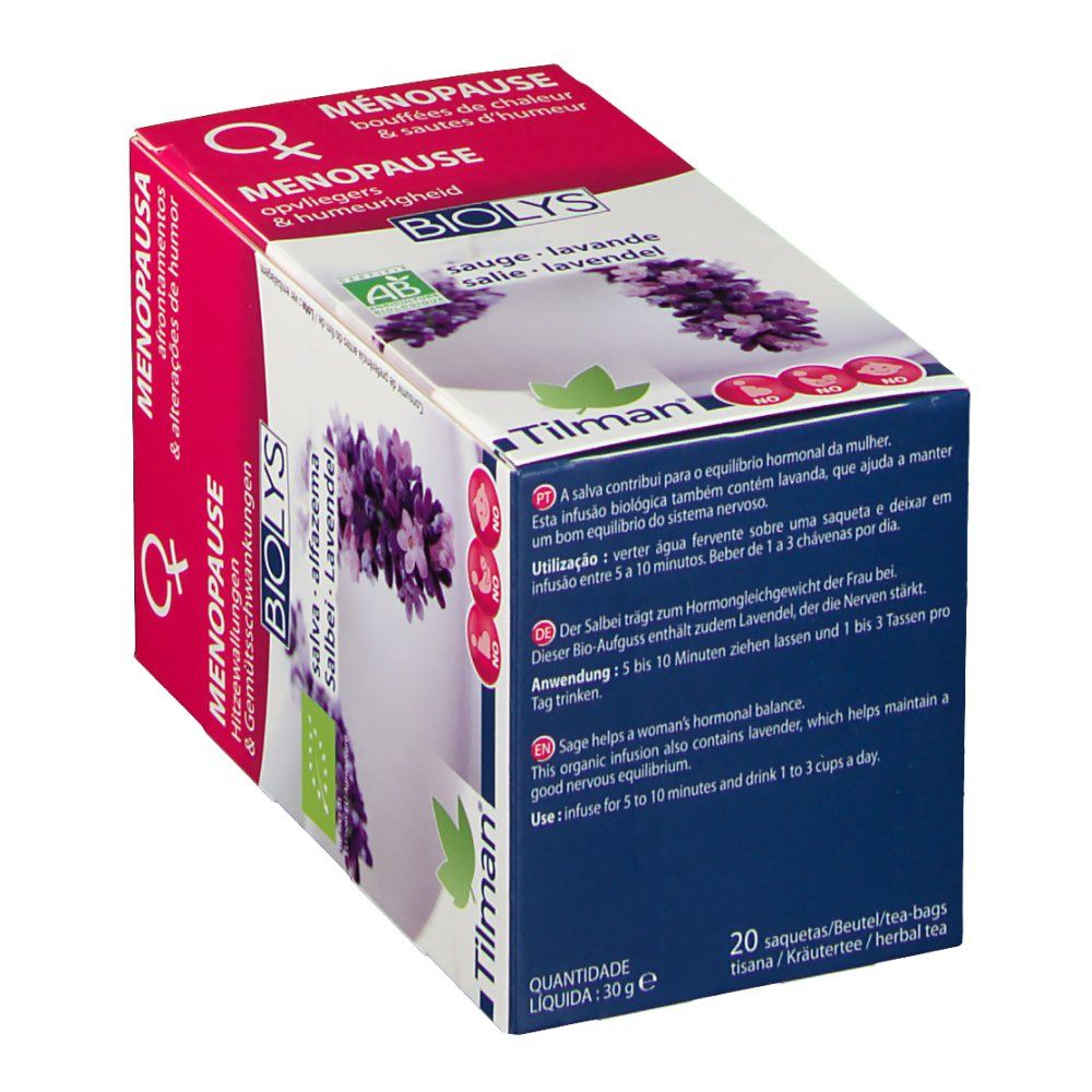 Karton Biolys Sauge & Lavande, Menopause. Text, Logo, floralem Motiv. Bio-Siegel. 20 Beutel.