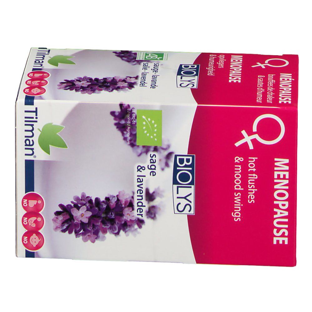 Karton Biolys Sauge & Lavande, Menopause. Text, Logo, floralem Motiv. Bio-Siegel. 20 Beutel.