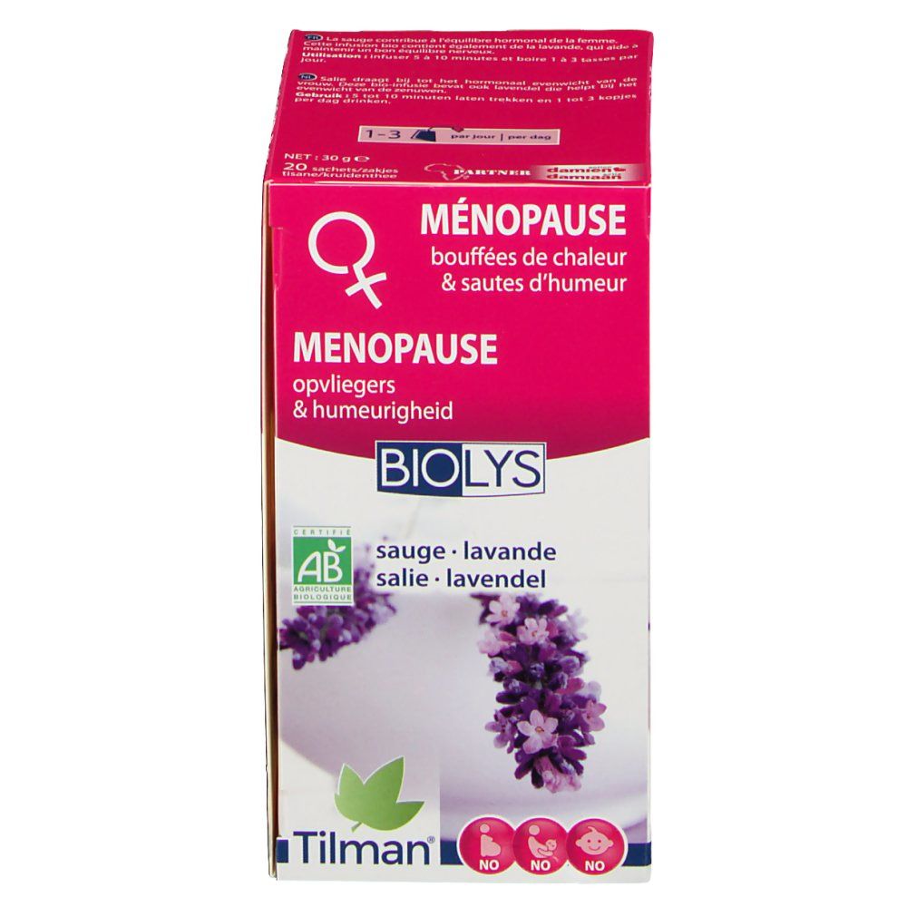 Karton Biolys Sauge & Lavande, Menopause. Text, Logo, floralem Motiv. Bio-Siegel. 20 Beutel.