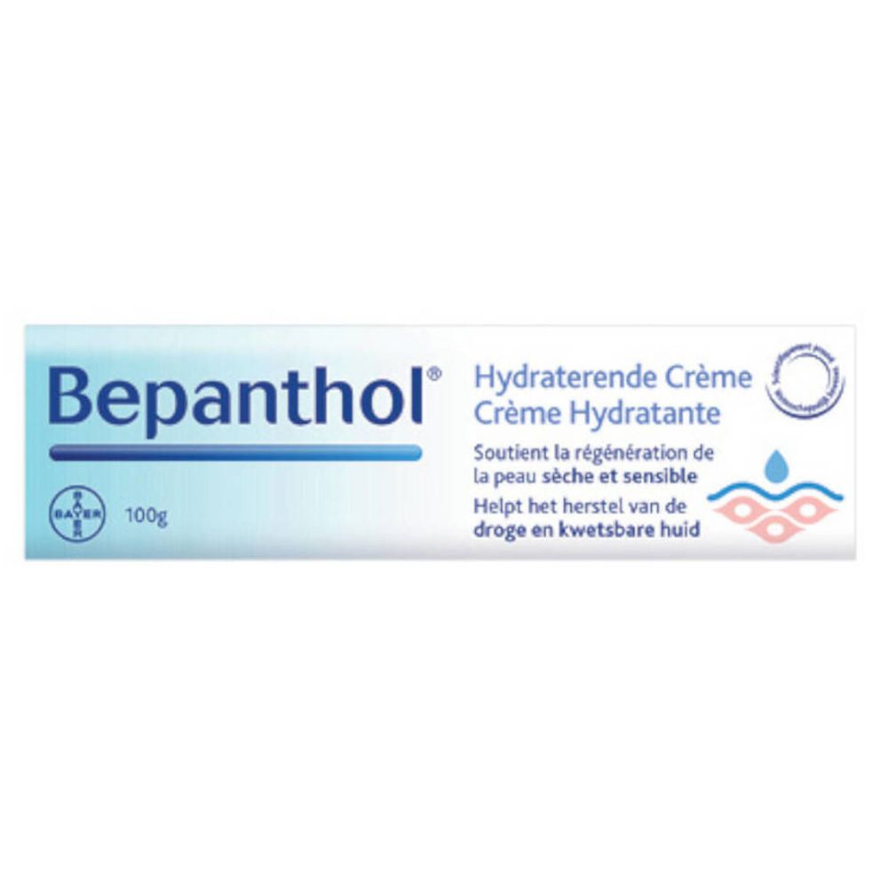 Tube de crème Bepanthol, blanc et bleu. Texte: Hydraterende Crème, 100g. Logo Bayer.