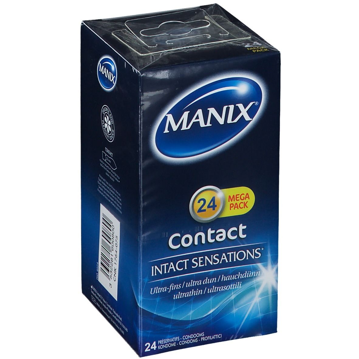 Manix Contact, 24 Mega Pack. Blaue Verpackung mit Produktnamen und Logo. Ultra-fein.