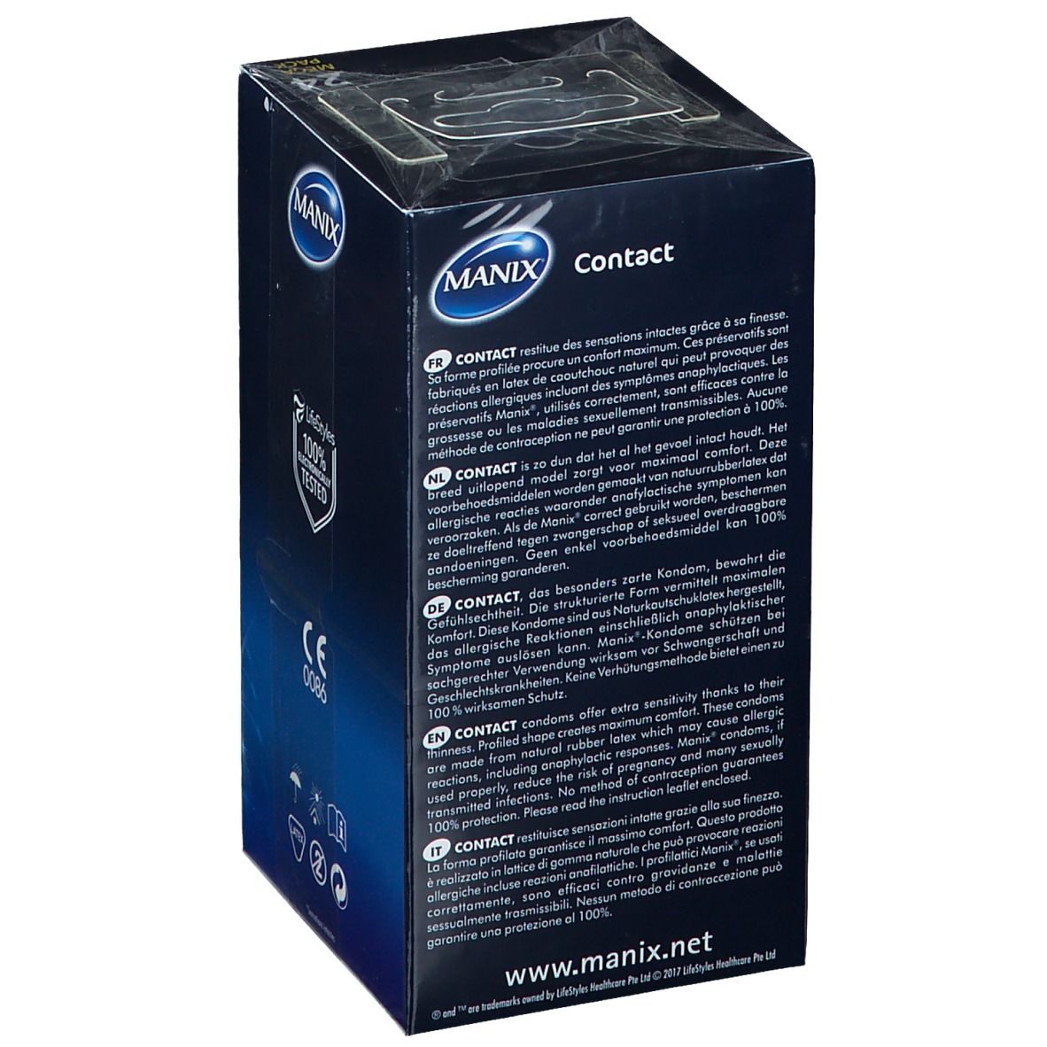 Manix Contact Verpackung. Blaue Box mit Produktinformationen und Text. CE-Kennzeichnung.