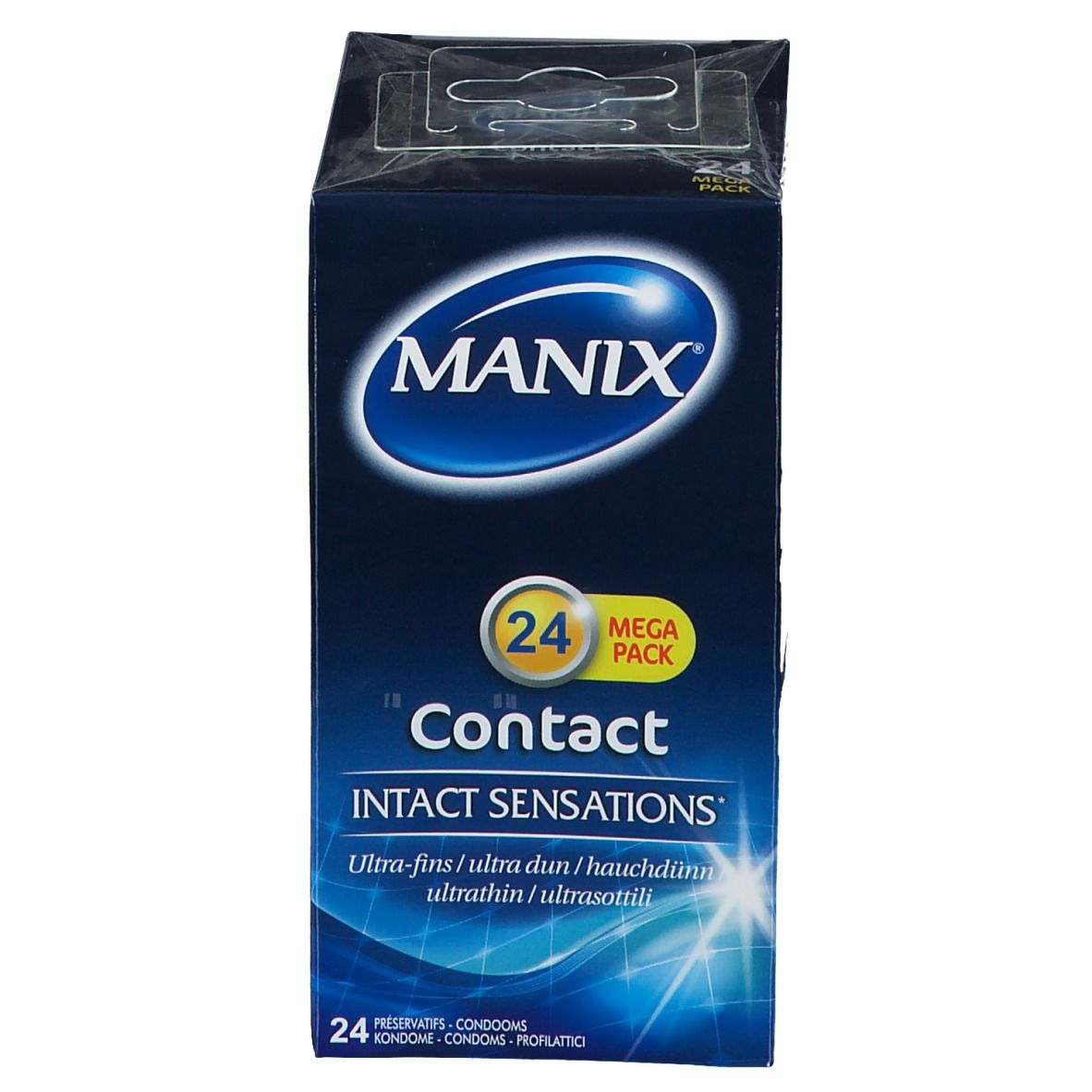 Manix Contact, 24 Mega Pack. Blaue Verpackung mit Produktnamen und Logo. Ultra-fein.