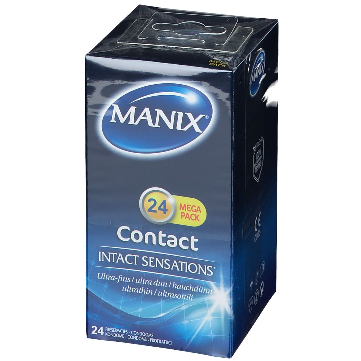 Manix Contact, 24 Mega Pack. Blaue Verpackung mit Logo und CE-Kennzeichnung. Ultra-fein.