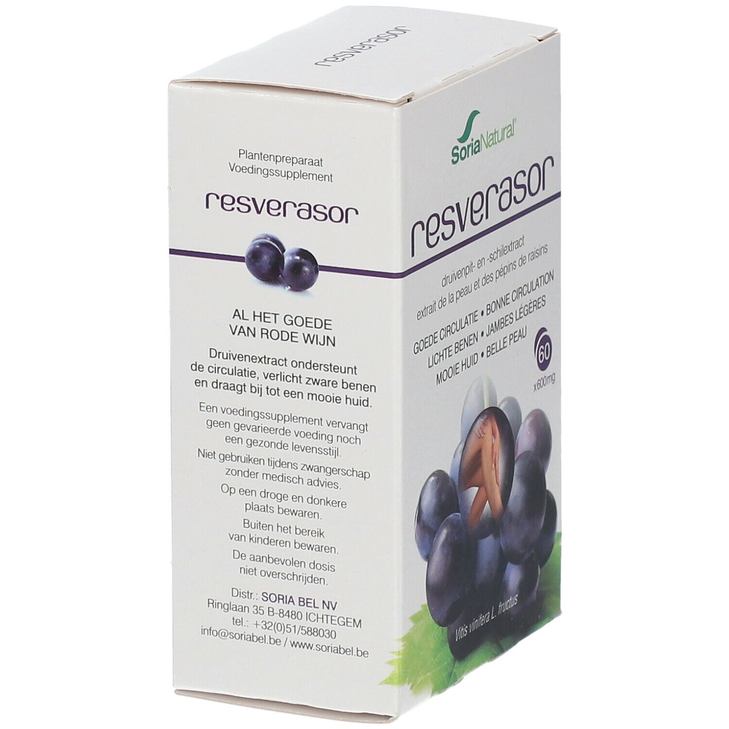 Boîte Resverasor, Soria Natural. Texte: Al het goede van rode wijn. Illustration de raisins. Contient 60 gélules.